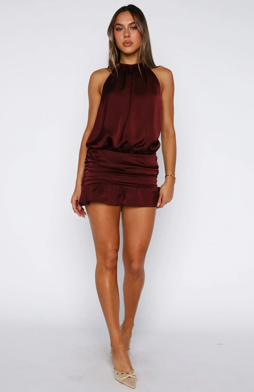 No Second Thoughts Halter Mini Dress Burgundy