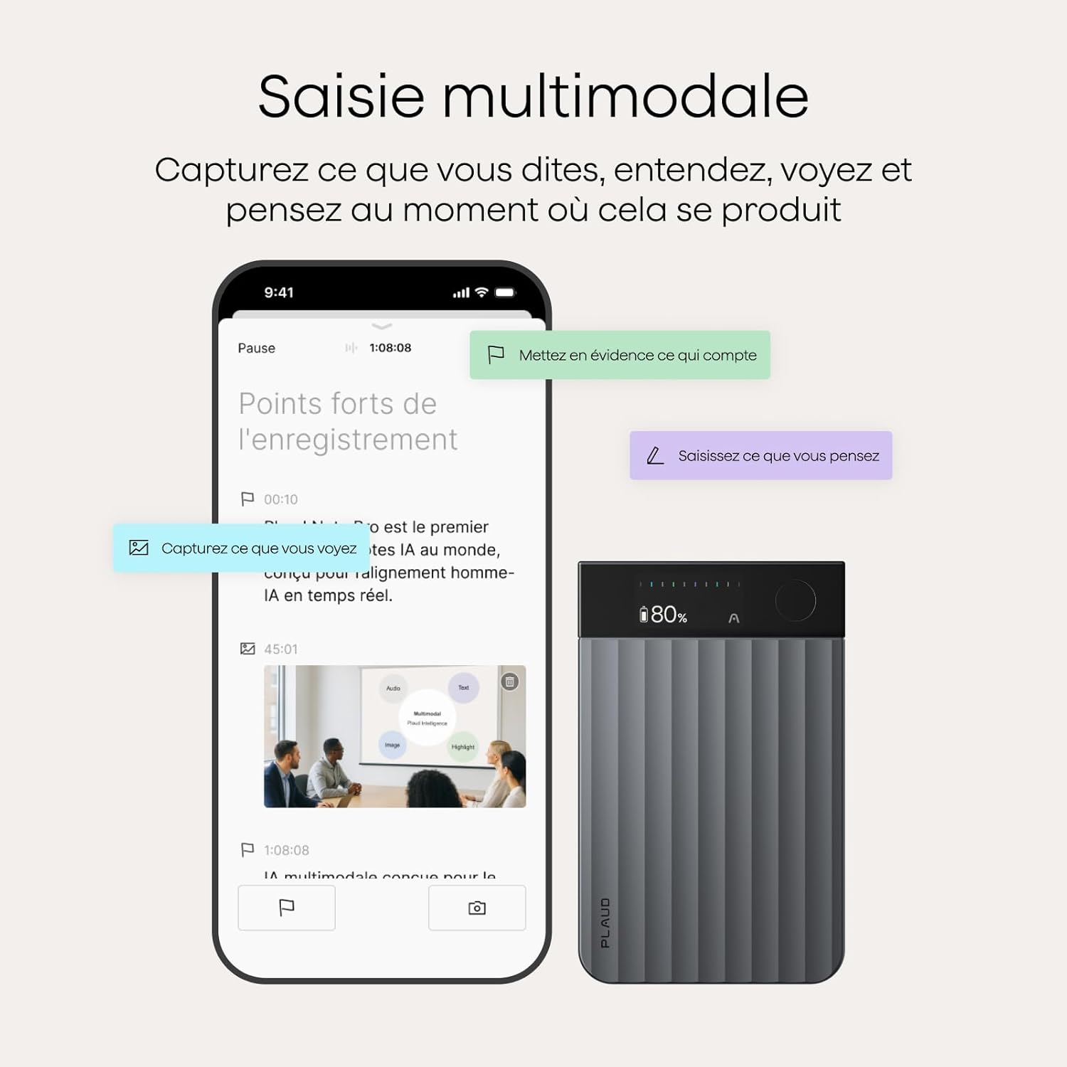 Enregistreur vocal IA transcription résumé 50 h multimodal