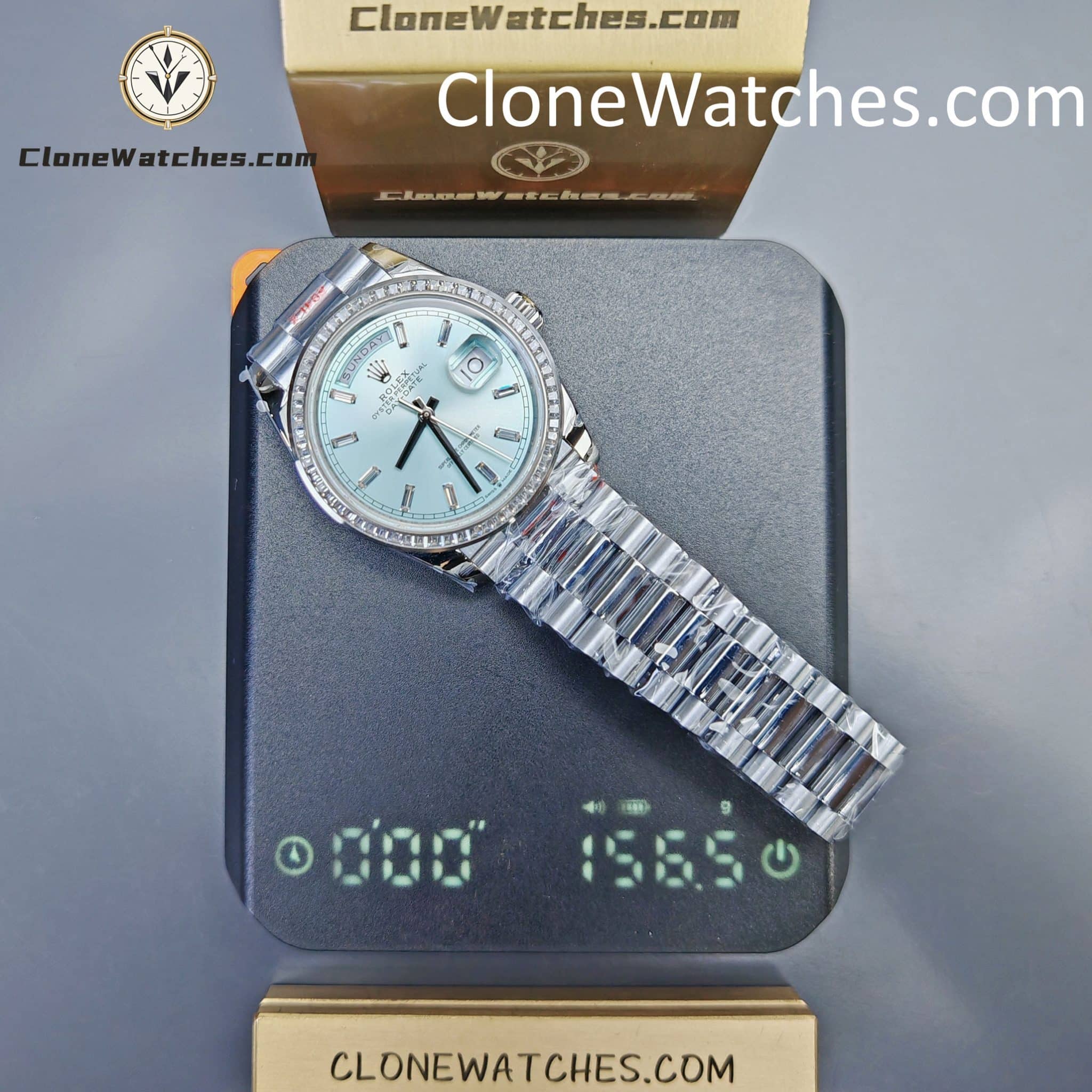 Rolex Super Clone Watches 1:1 Day Date Ice Blue Diamond Bezel Dial 36mm m128396tbr-0003 3255 Movement