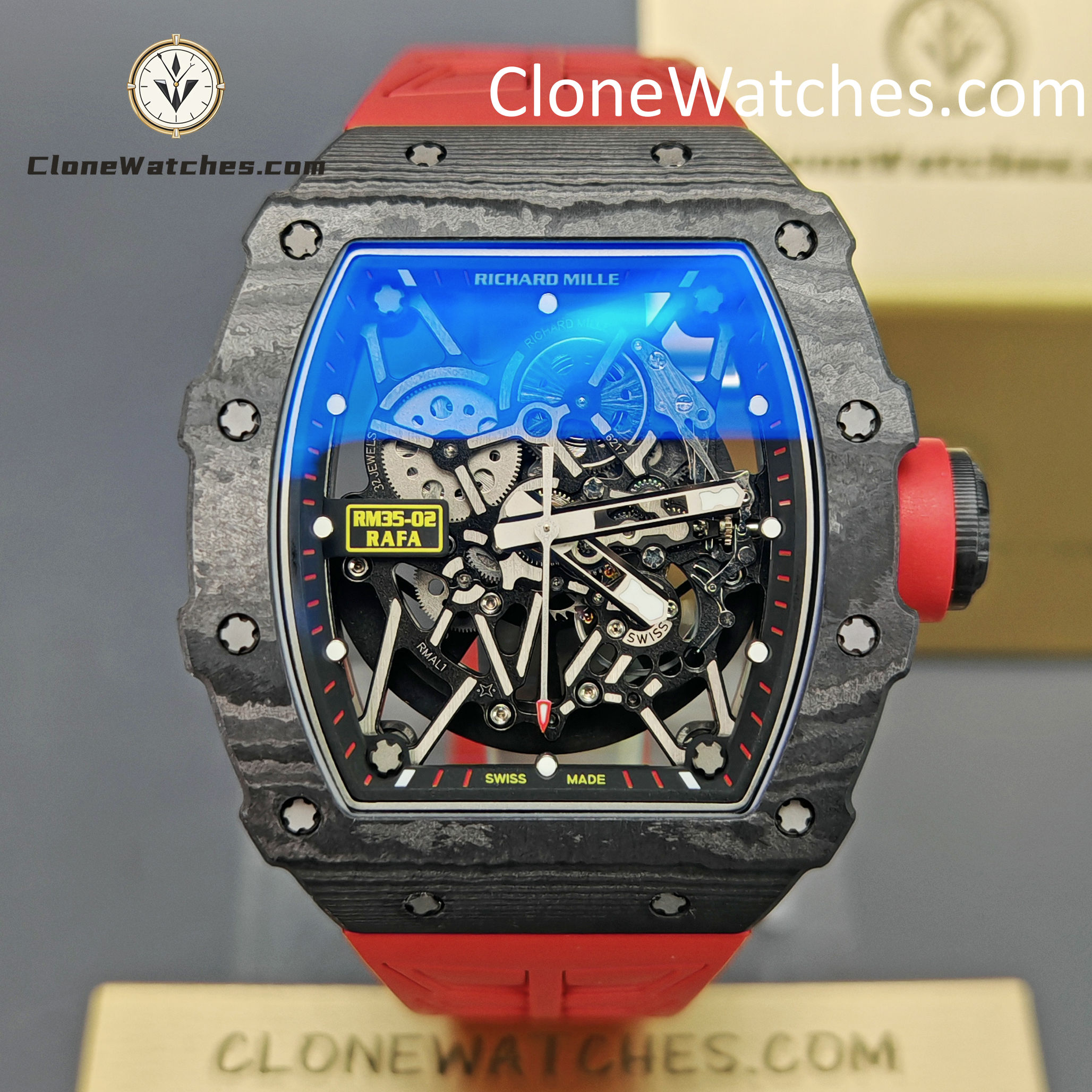 Richard Mille Super Clone Watches 1:1 RM 035 – 02 NTPT Carbon Fiber Red Rubber Strap