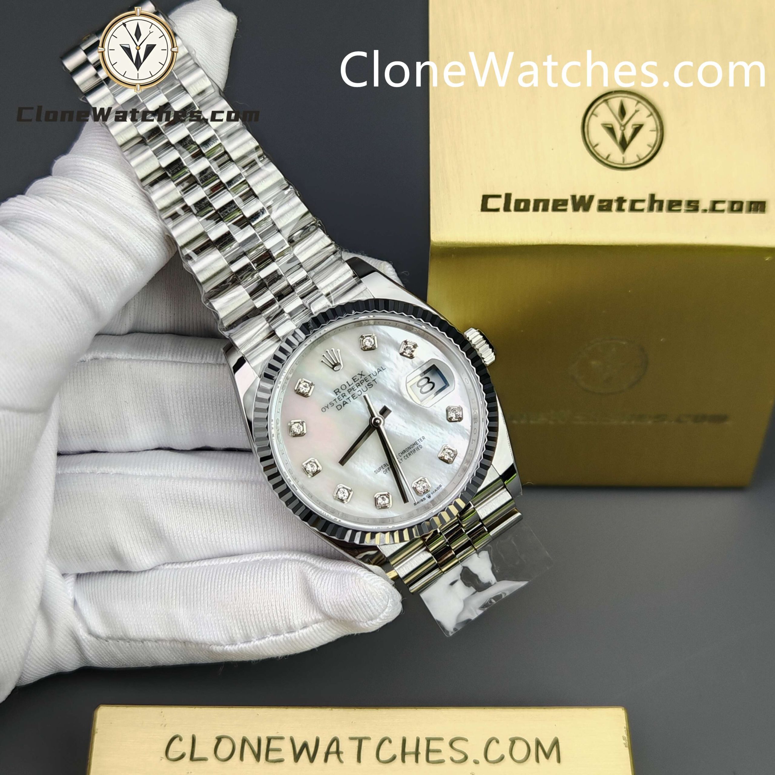 Rolex Super Clone Watches 1:1 DateJust Mother of Pearl Diamond Dial Jubilee 36MM m126234-0019 3235 Movement