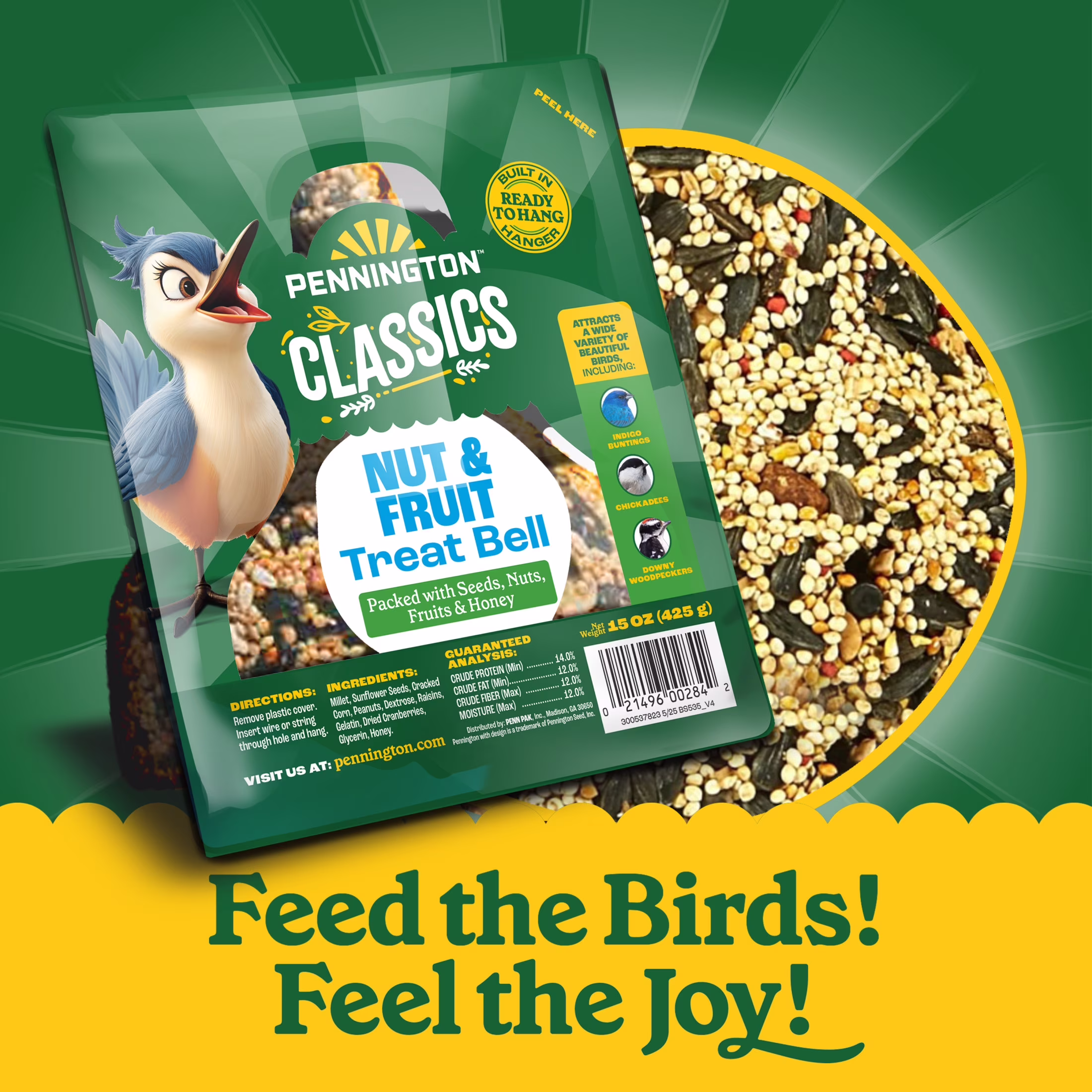(2 pack) Pennington Nut and Fruit Treat Bell, Wild Bird Feed and Bird Seeds, 15 oz., Dry, 1 Pack