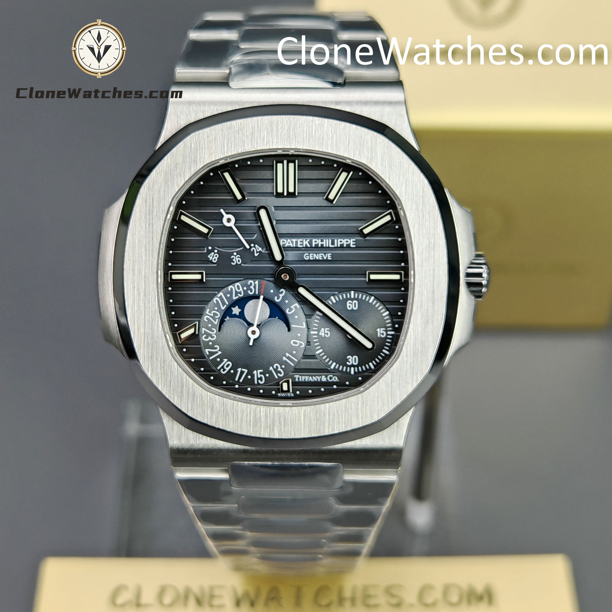 Patek Philippe Super Clone Watches 1:1 Nautilus Moon Phase 5712 Tiffany & Co Blue Dial New Clasp