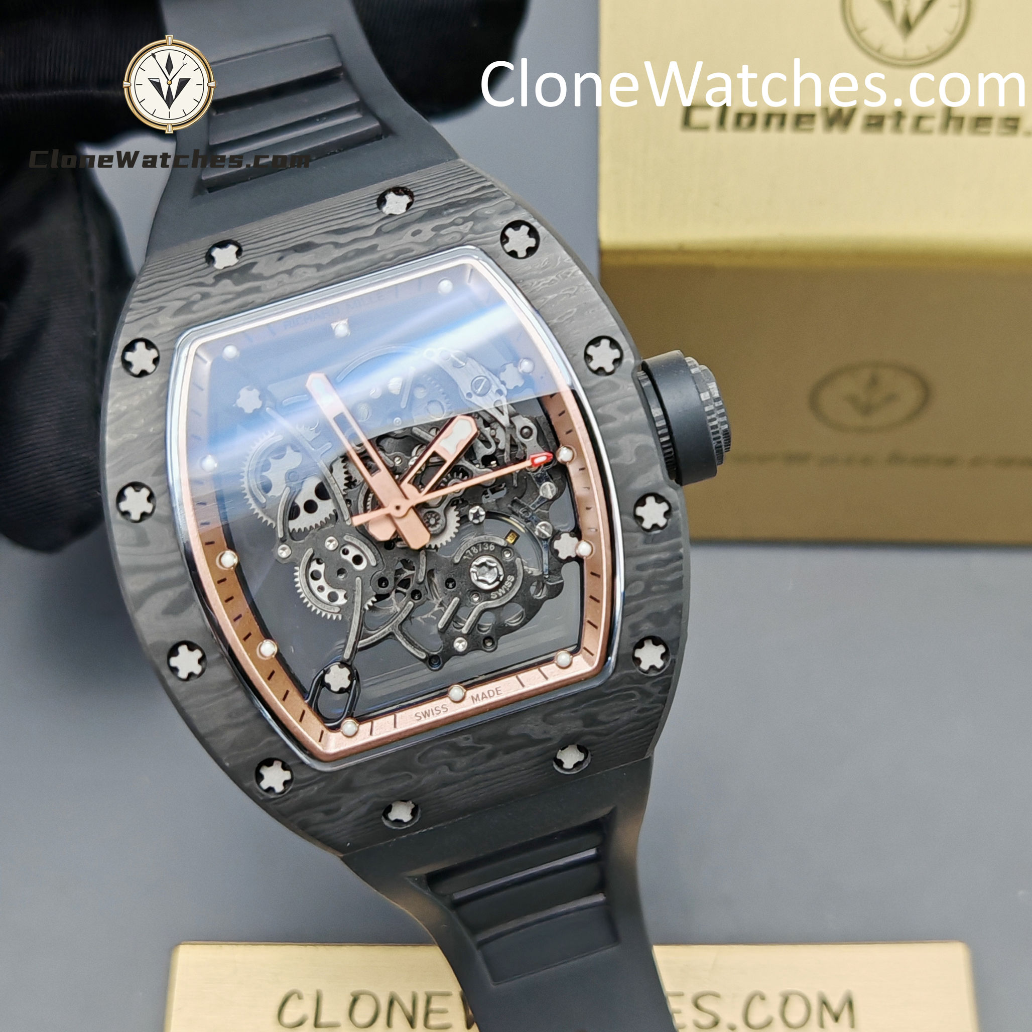Richard Mille Super Clone Watches 1:1 RM 055 Carbon Tourbillon Black Strap