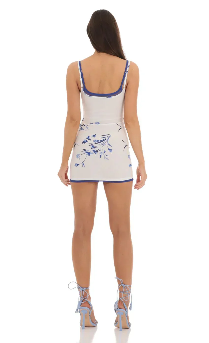 Double Strap Mesh Floral Bodycon Dress in White