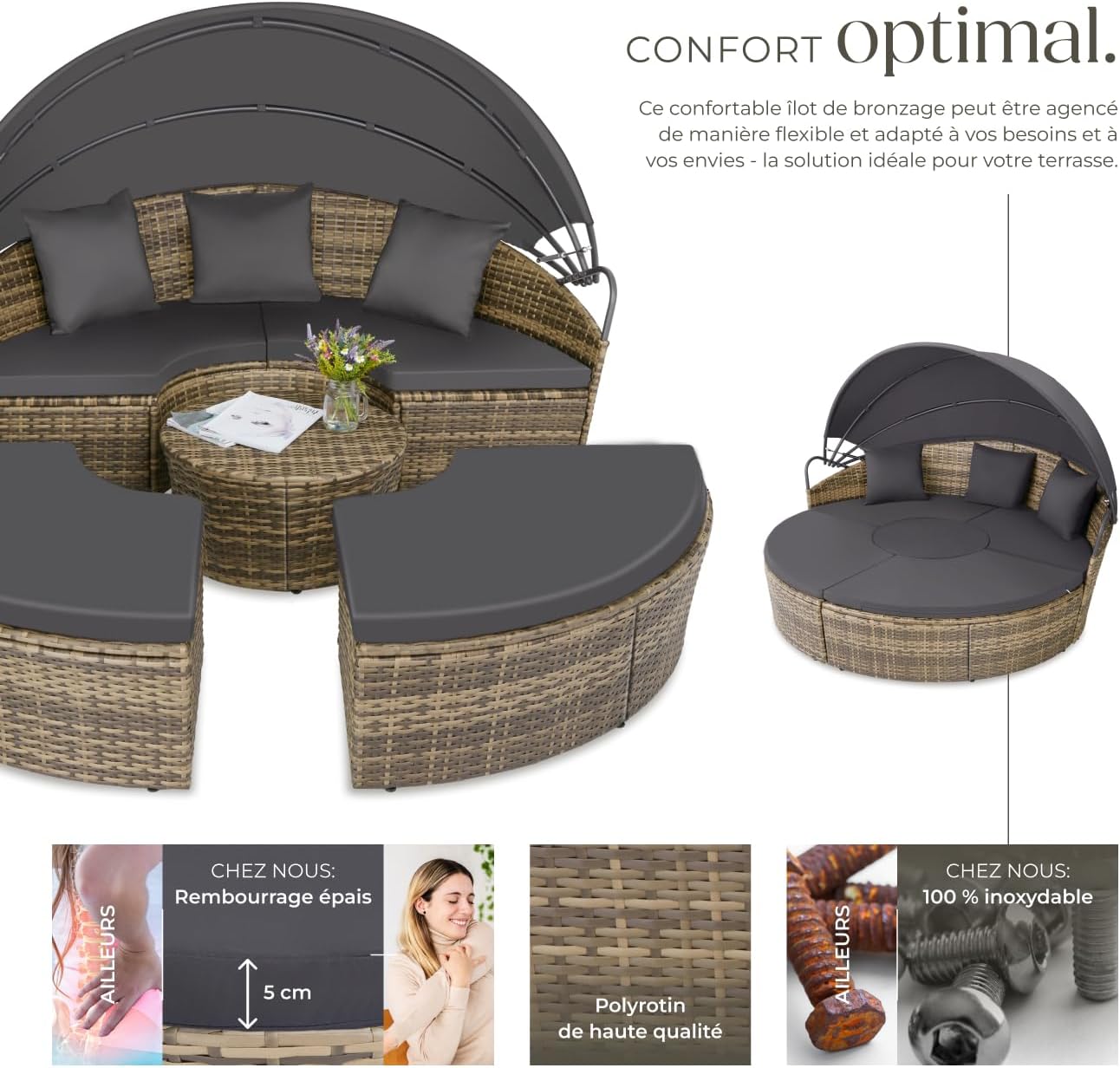 Bain de soleil modulable résine tressée pare soleil pliable coussins inclus