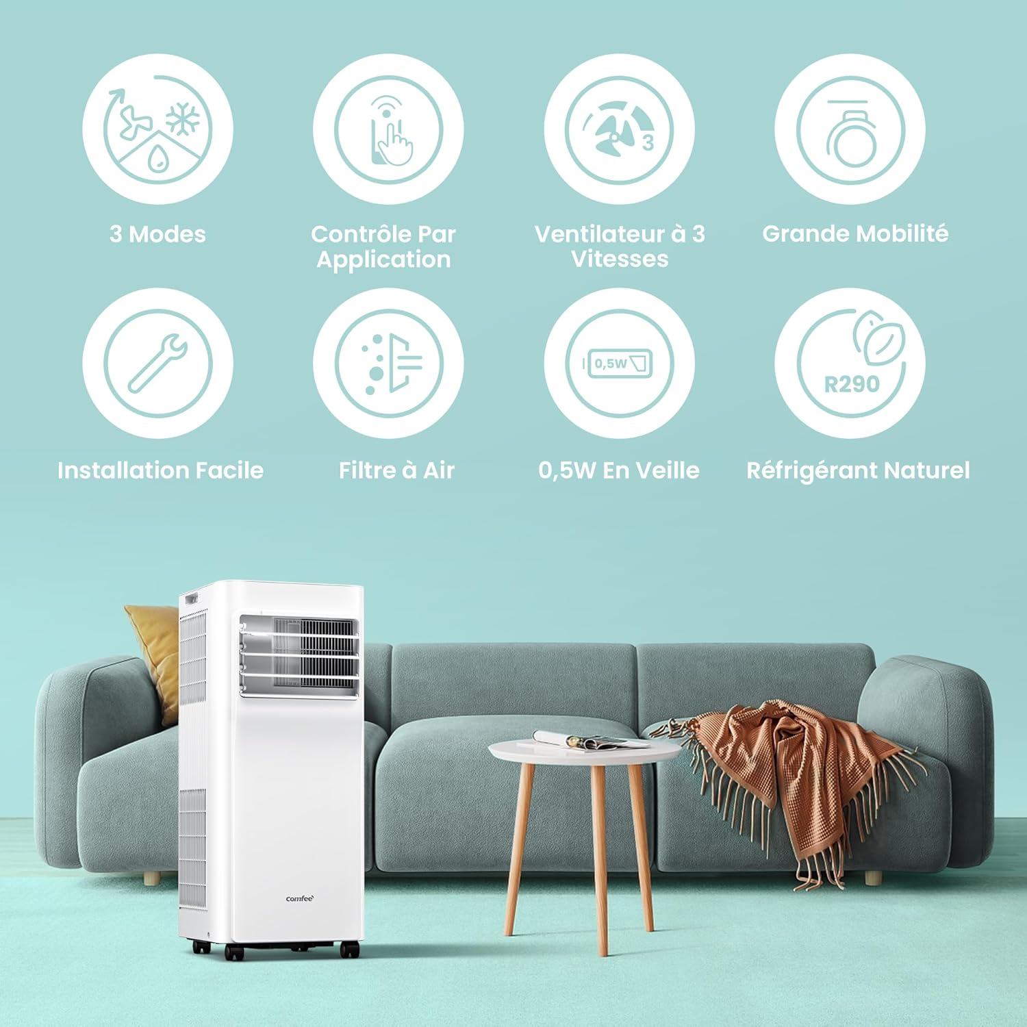 Climatiseur mobile 7000 BTU 2kW contrôle app 3 modes 3 vitesses minuterie 24h pièces 23m² Breezy Cool 20