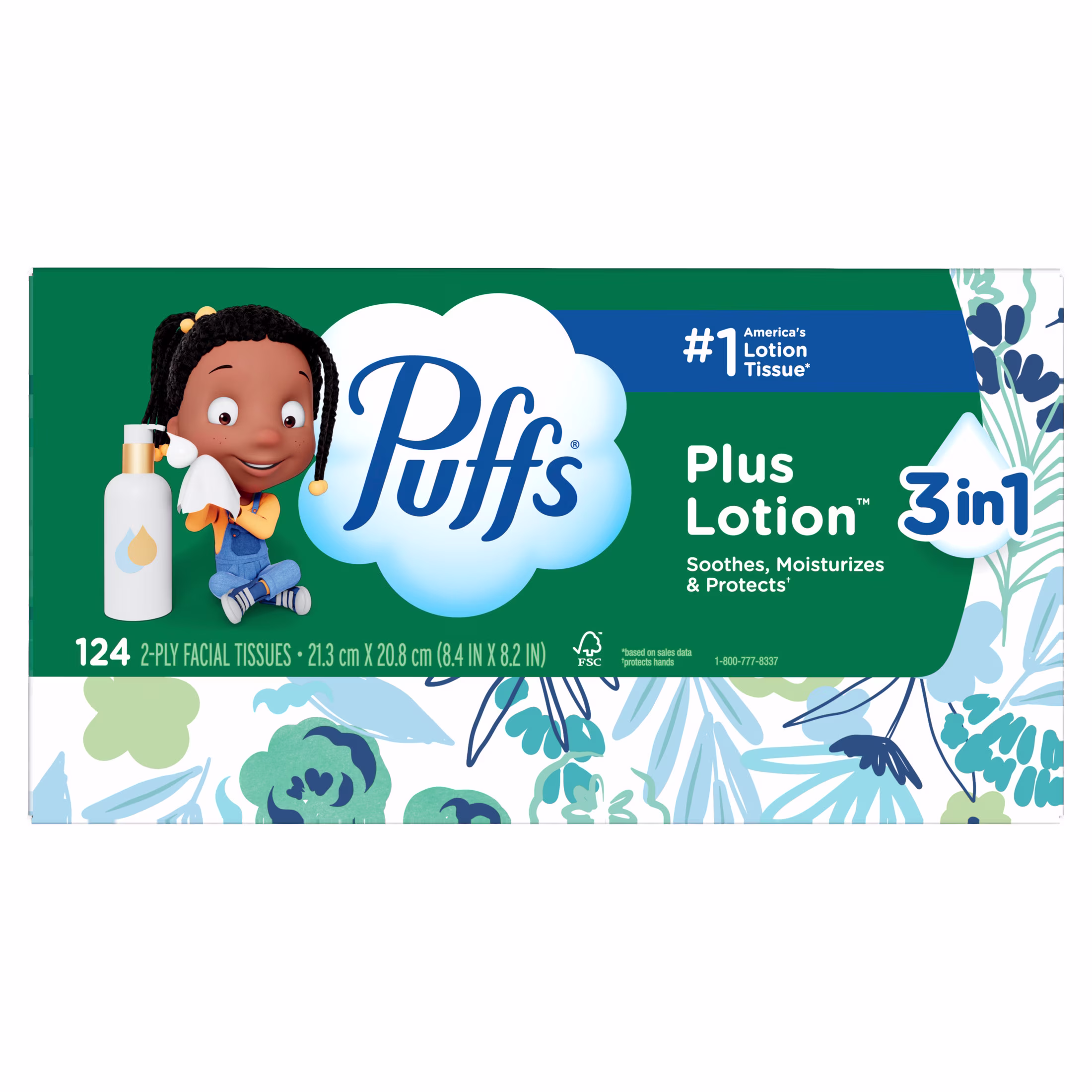 Puffs Facial Tissue Plus Lotion, 1 Rectangle Box, 124 Tissues Per Box