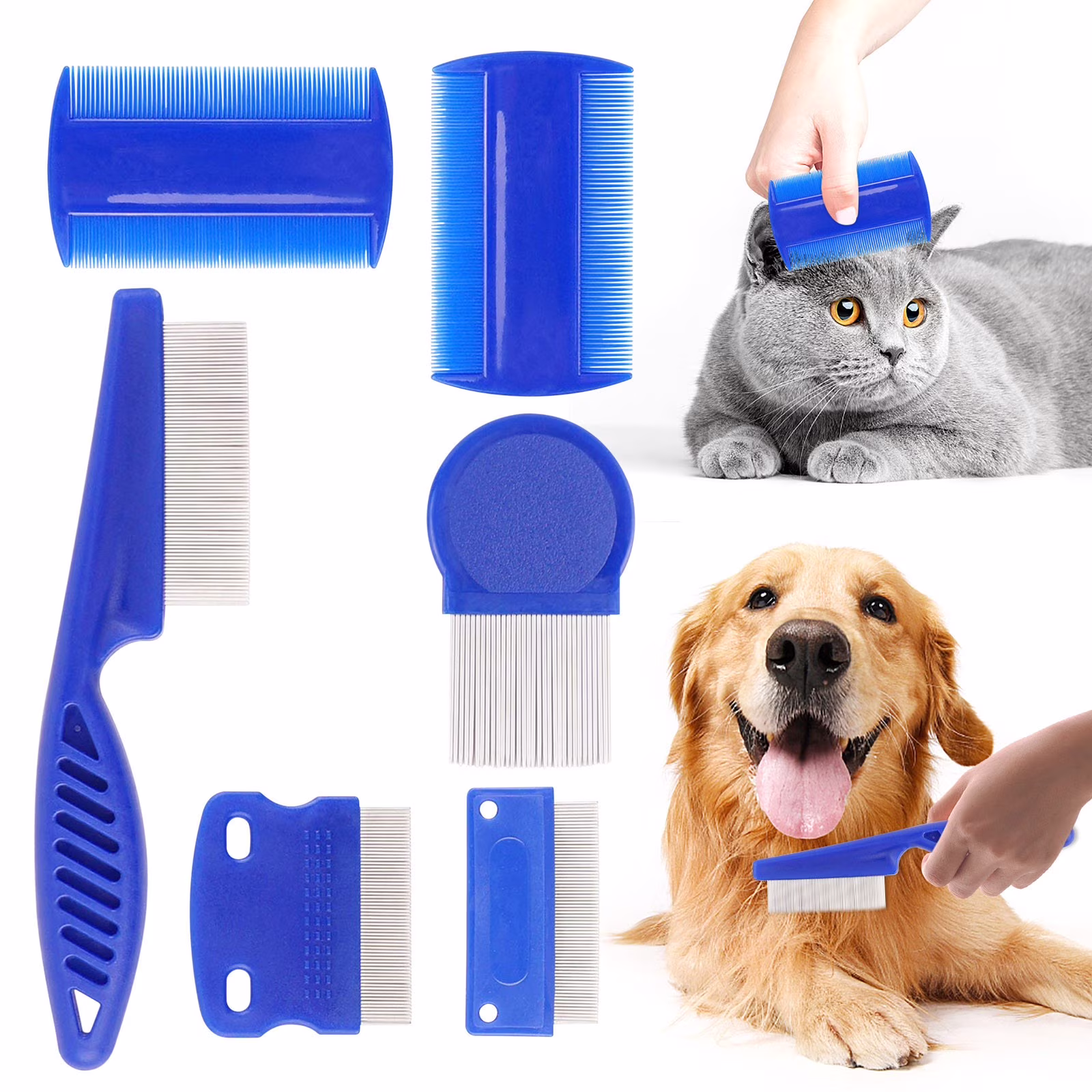 OAVQHLG3B Pet Flea Comb 6-piece Set Of Blue Comb Stainless Steel Needle Dense Tooth Cat And Dog Comb