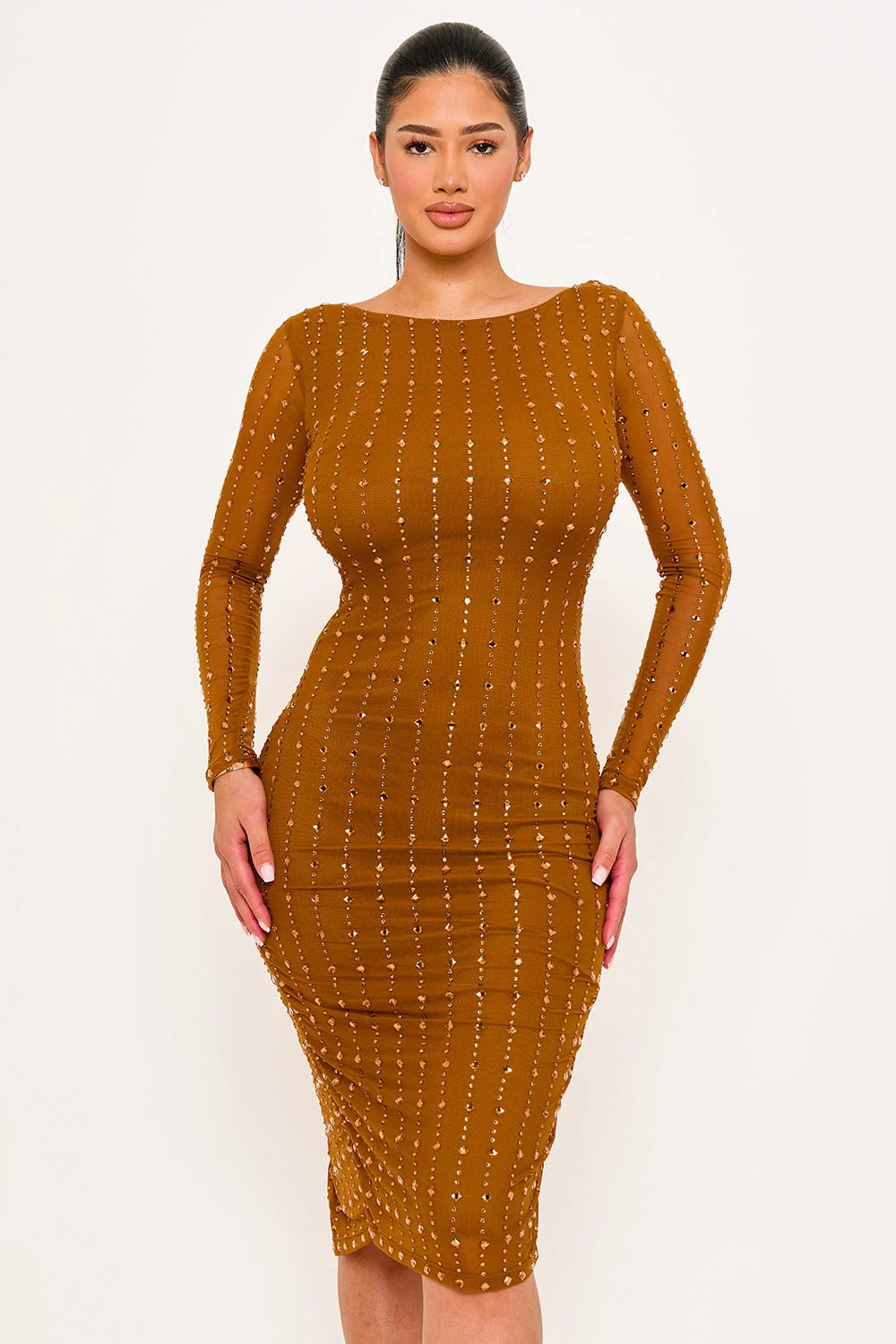 Symphony Dress - Square Rhinestone On Mesh Midi Dress