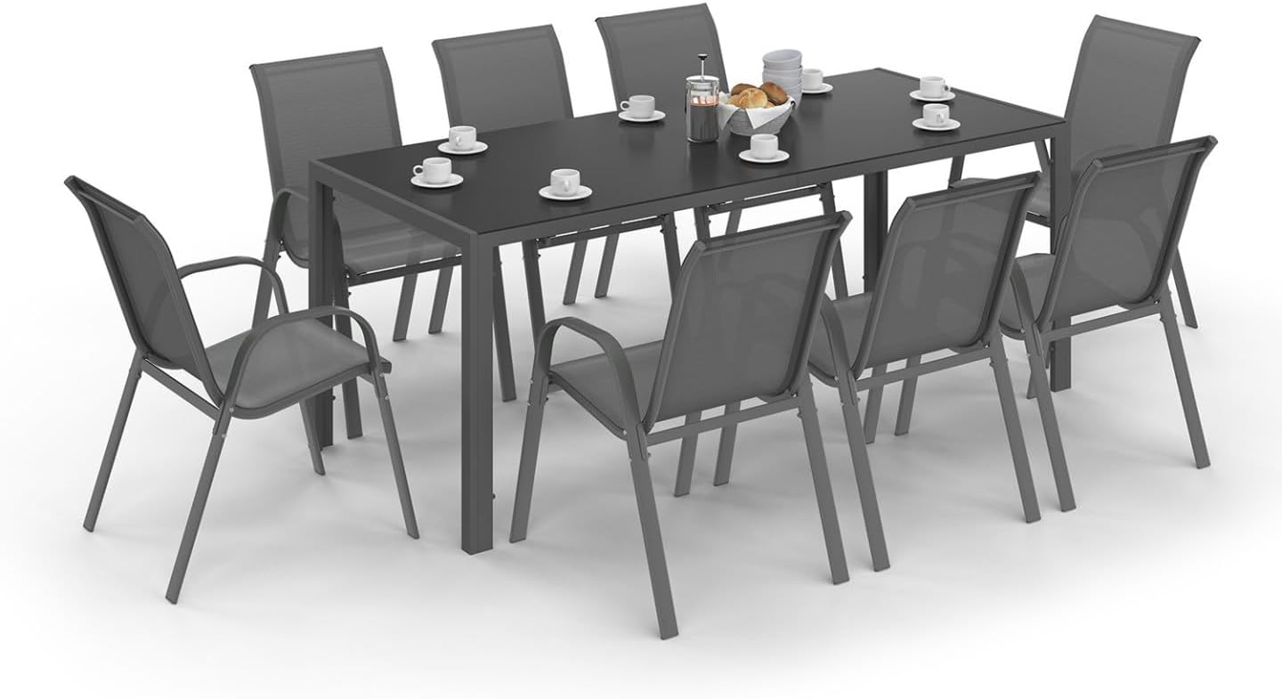 Salon jardin Madrid table 190 cm 8 chaises empilables gris anthracite