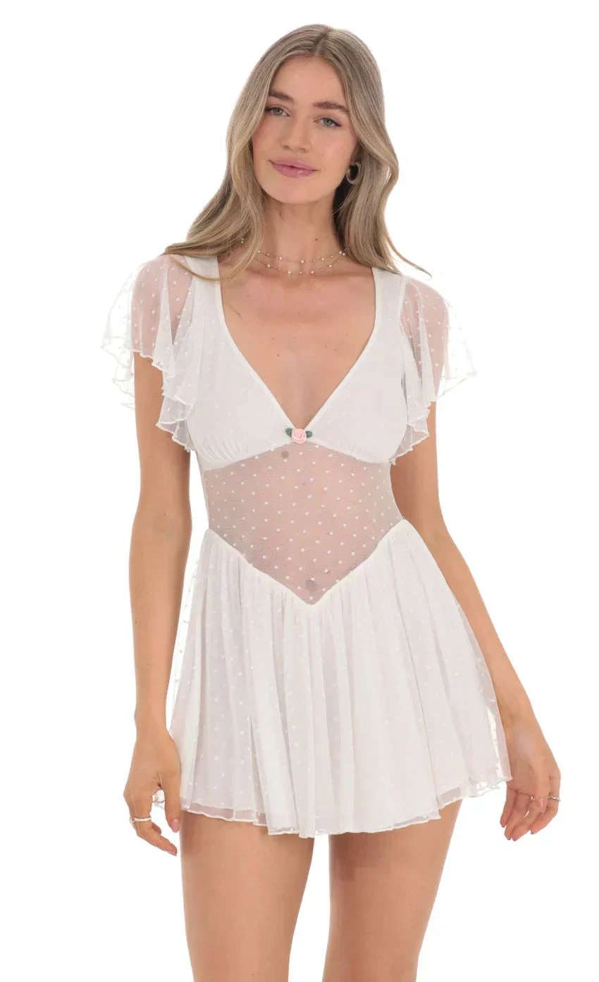 Dotted Mesh Cutout Dress in White