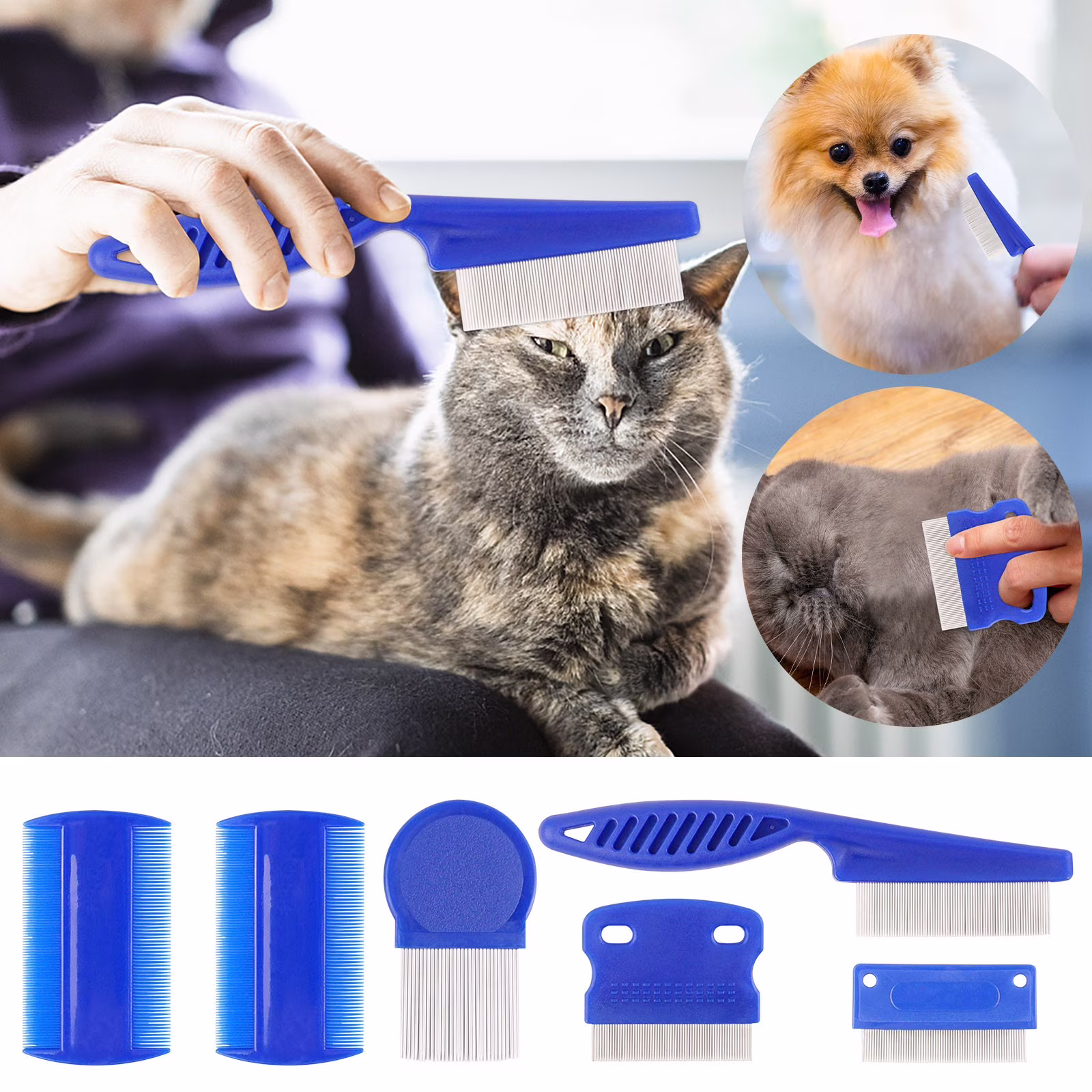 Pet Flea Comb 6-piece Set Of Blue Comb Stainless Steel Needle Dense Tooth Cat And Dog Comb