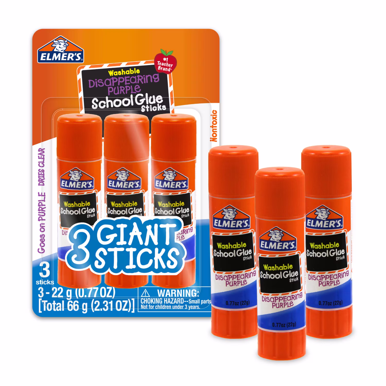 Elmer's Disappearing Purple School Giant Glue Sticks, Washable, 22 g Each, 3 Count