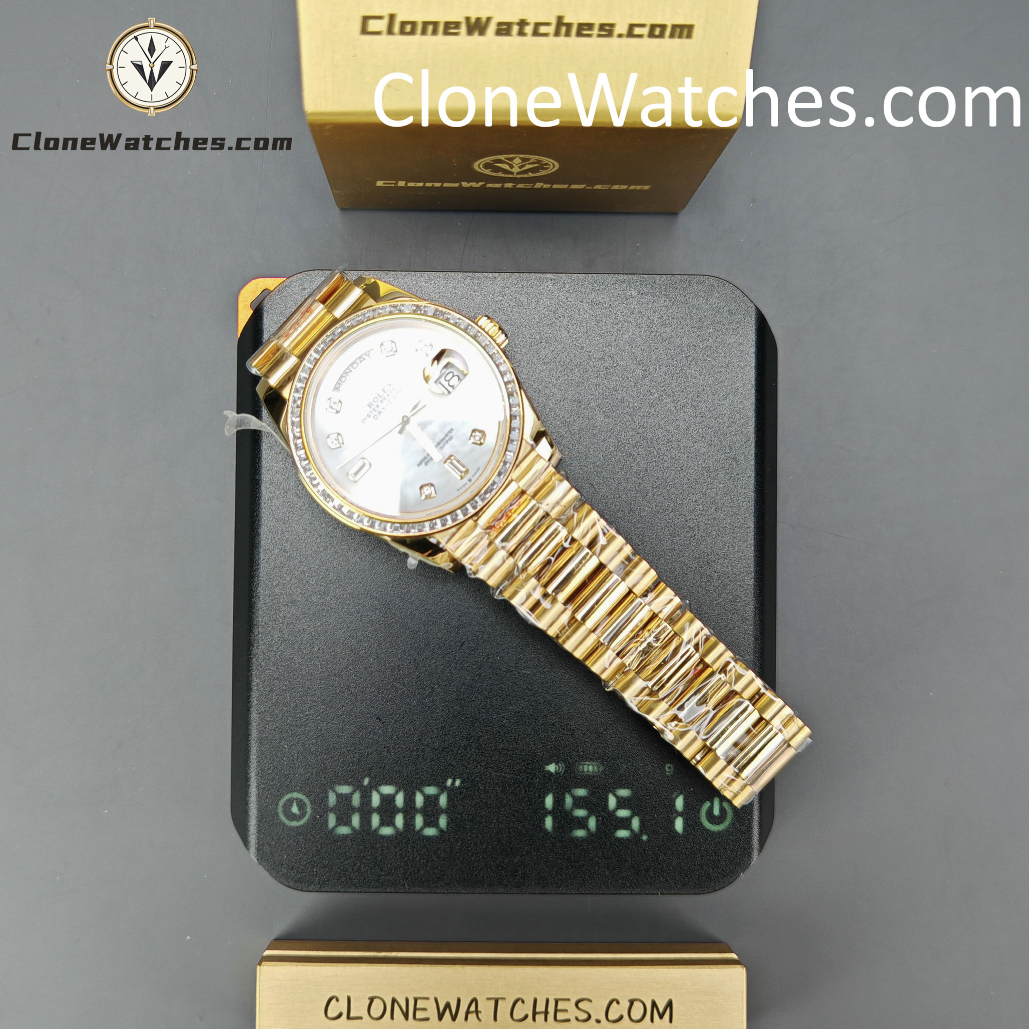 Rolex Super Clone Watches 1:1 Day Date Mother of Pearl Diamond Dial m128398tbr-0004 3255 Movement 36 mm