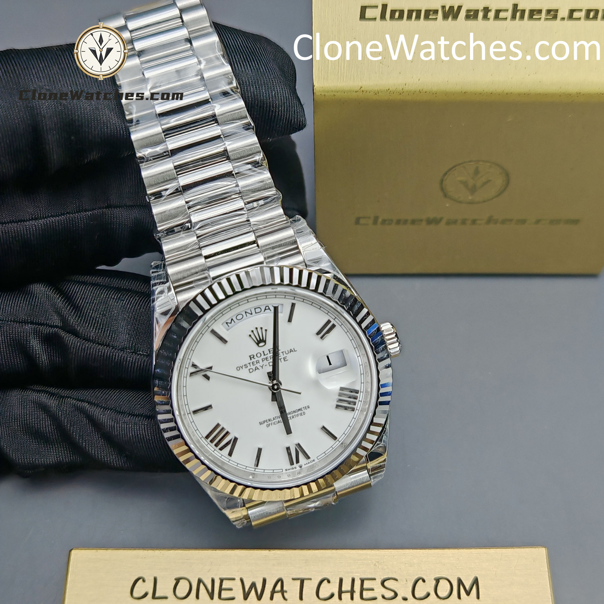 Rolex Super Clone Watches 1:1 Day Date White Roman Dial 40mm m228239-0046 VSF Version 3255 Movement