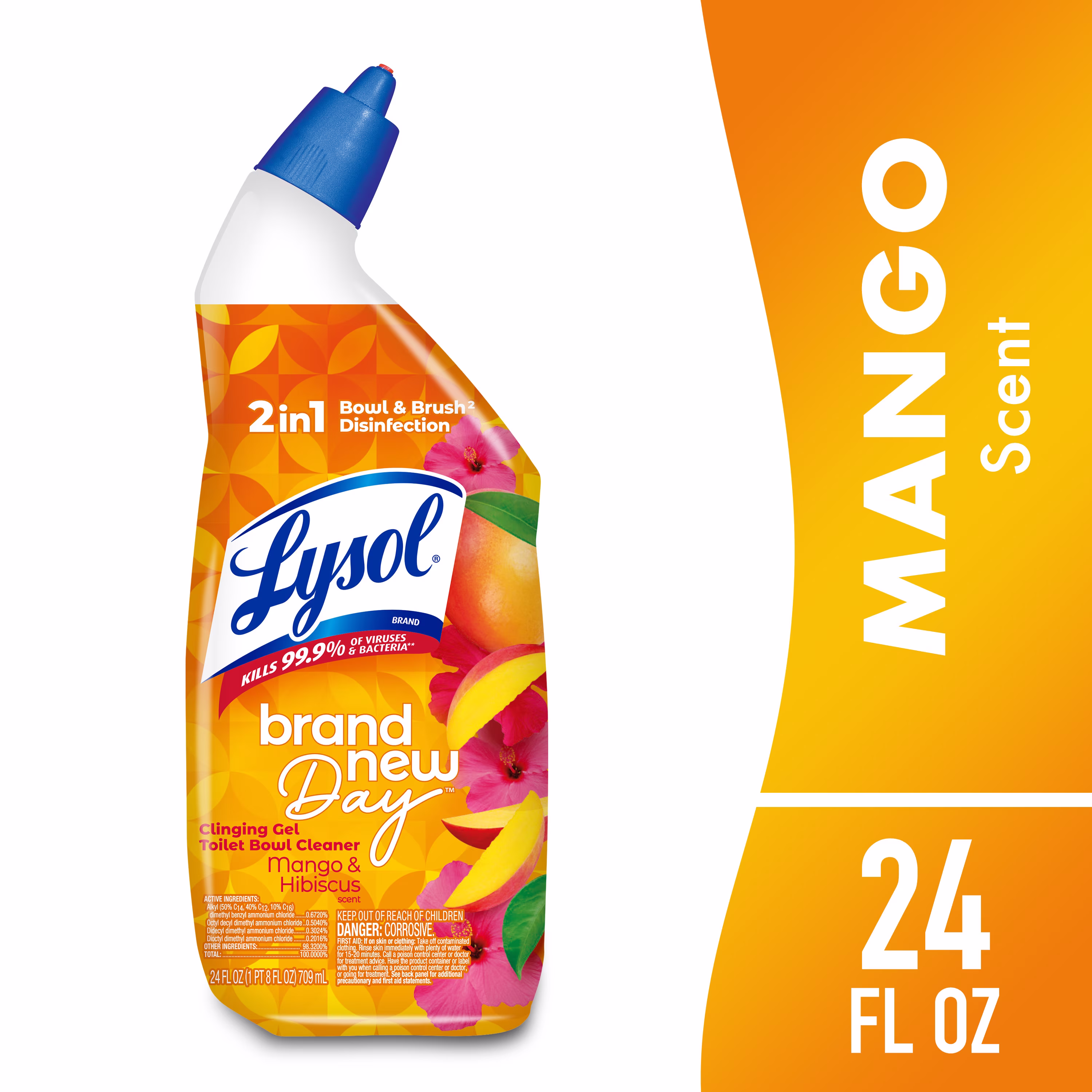 Lysol Toilet Bowl Cleaner Clinging Gel, Disinfecting Bathroom Cleaner and Toilet Bowl Stain Remover, Mango & Hibiscus Scent, 24 fl oz