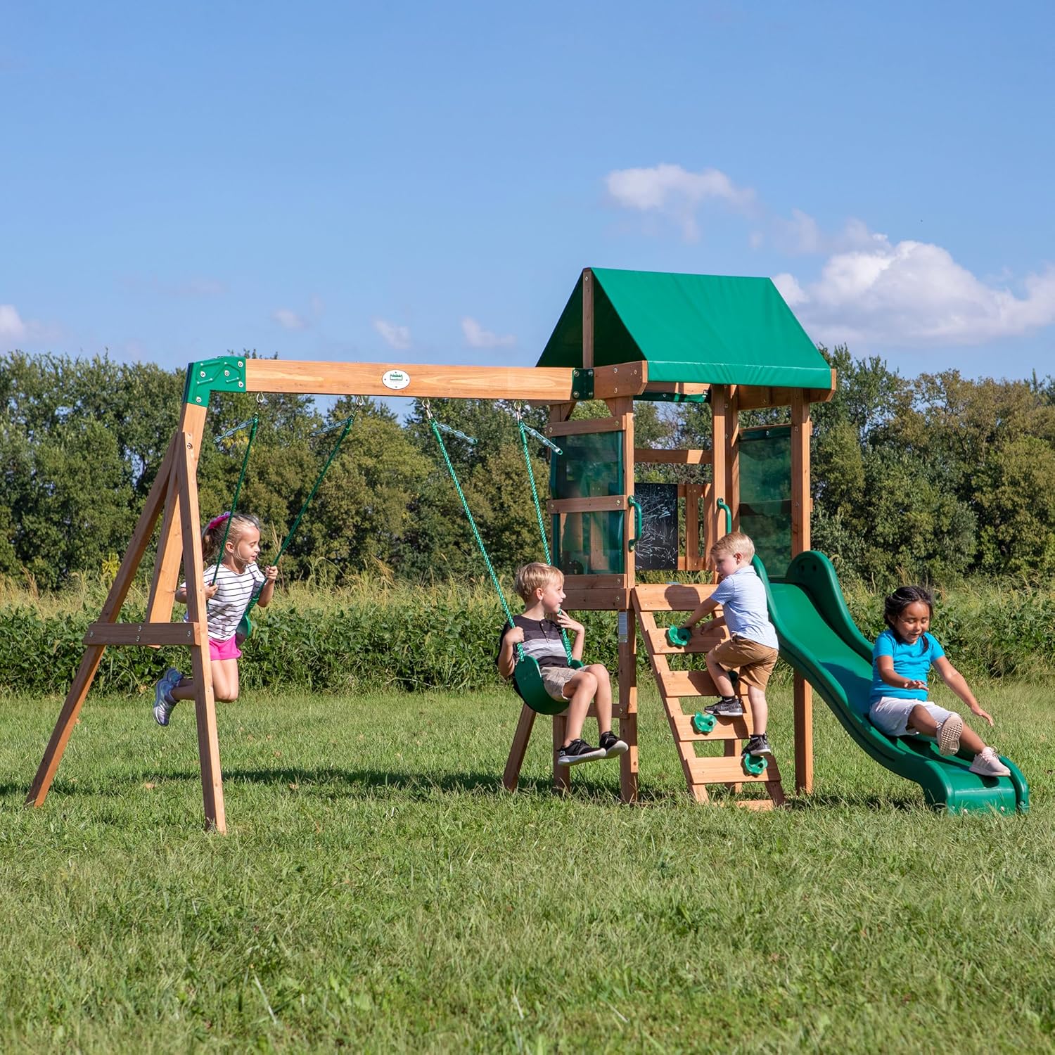 Aire de jeux en bois Buckley Hill portique balançoire mur escalade toboggan bac à sable cabane extérieur enfant