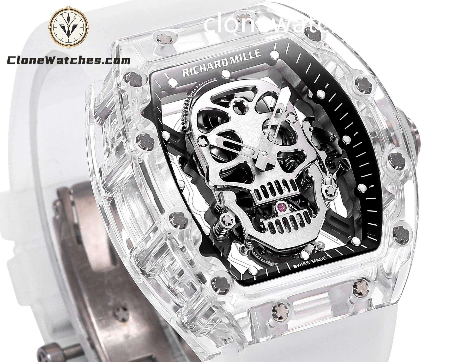 Richard Mille Super Clone Watches 1:1 RM 052 Full Transparent Tourbillon Skull White Strap