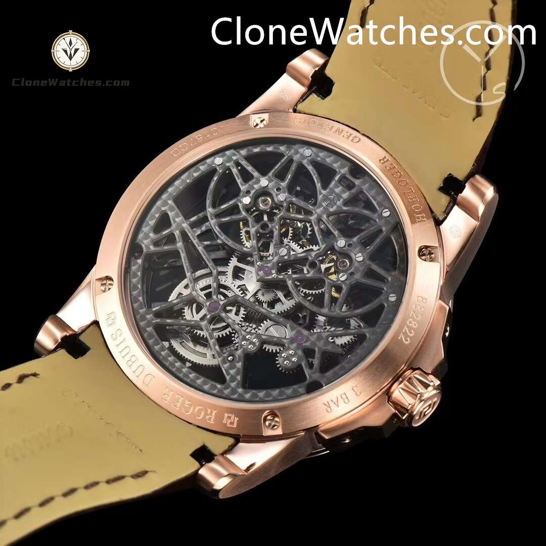 Roger Dubuis Super Clone Watches 1:1 Excalibur Rose Gold Skeleton Double Flying Tourbillon RDDBEX0395 45MM