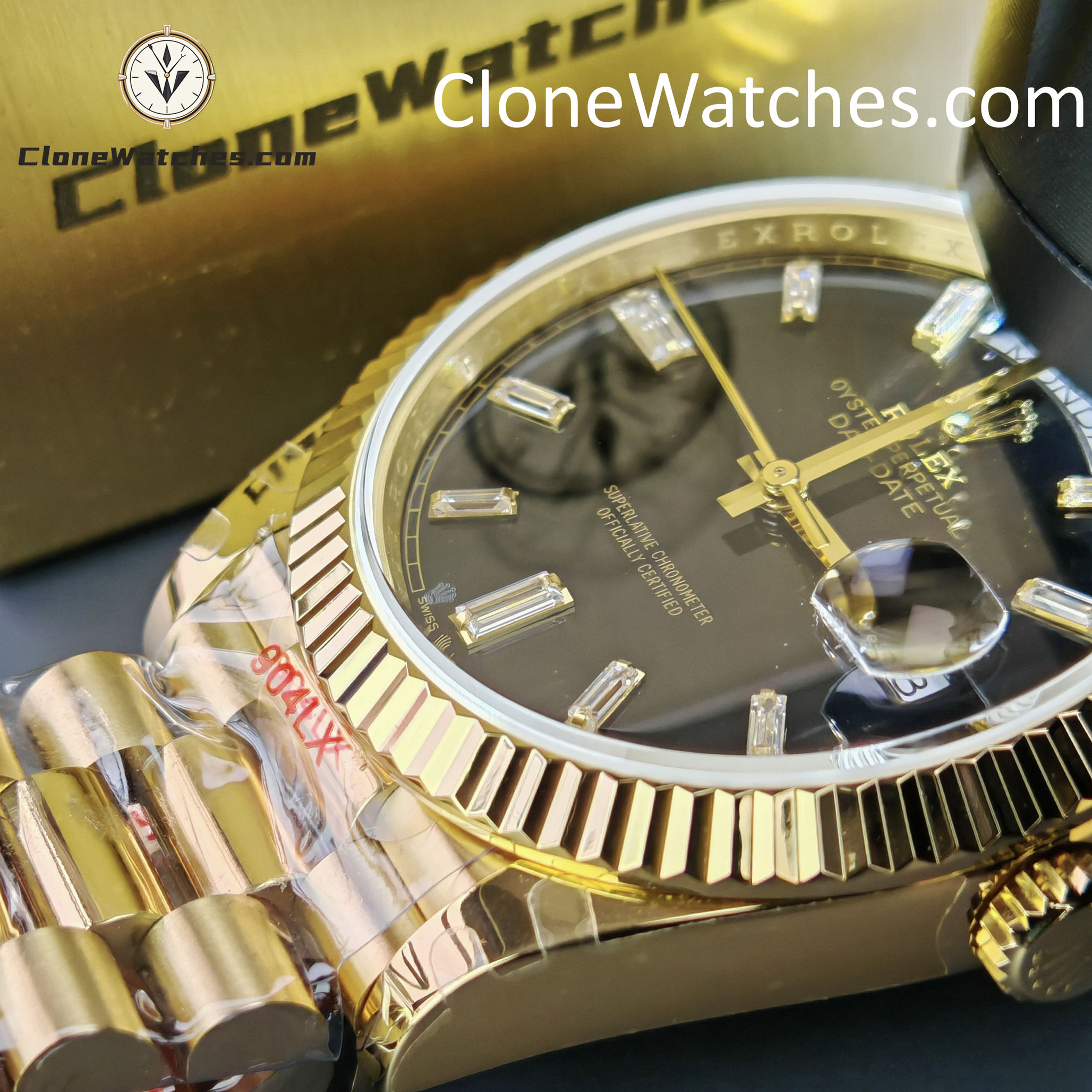 Rolex Super Clone Watches 1:1 Day Date 18K Gold Black Diamond Dial 40mm m228238-0059 3255 Movement