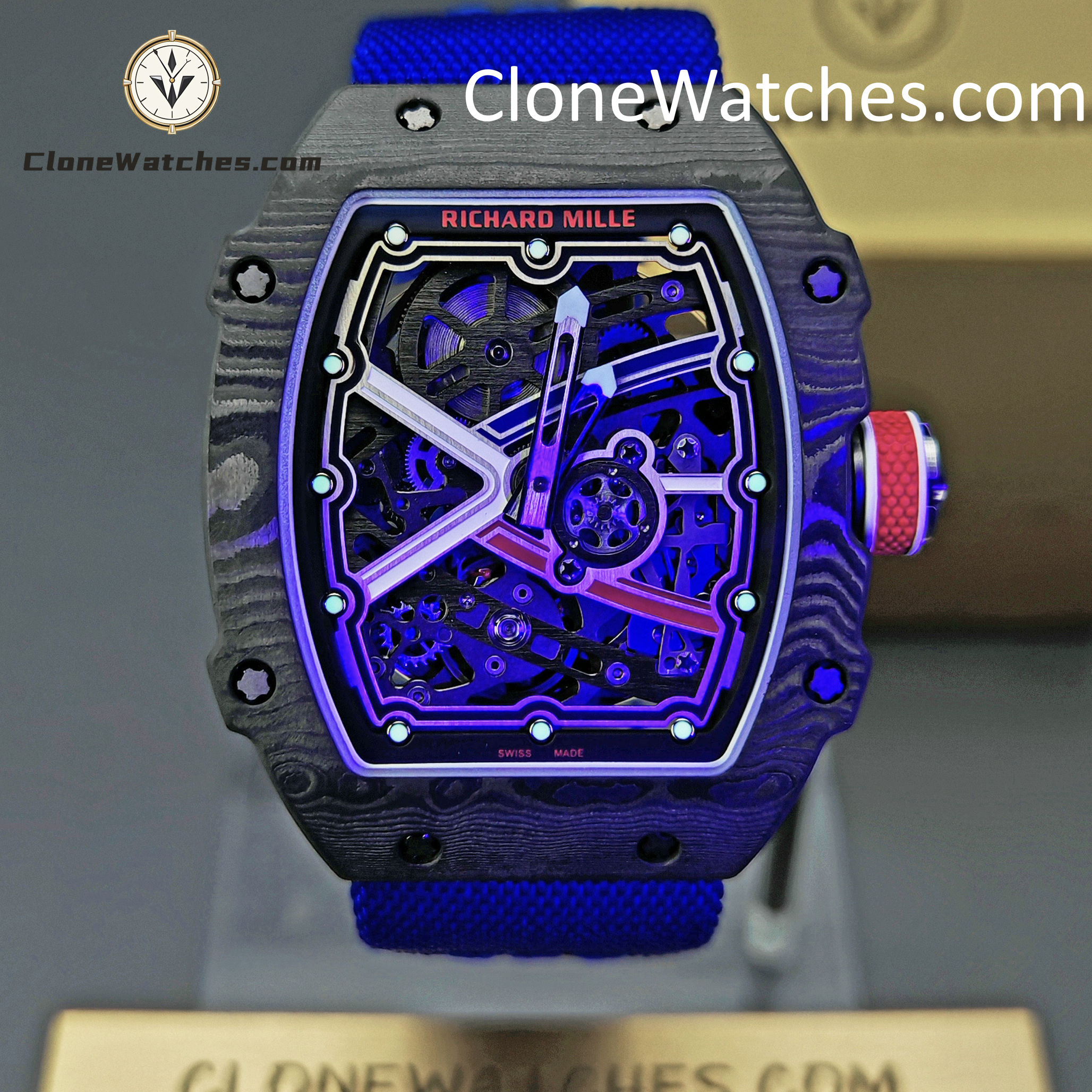 Richard Mille Super Clone Watches 1:1 RM 67 – 02 Carbon Tourbillon Blue Strap