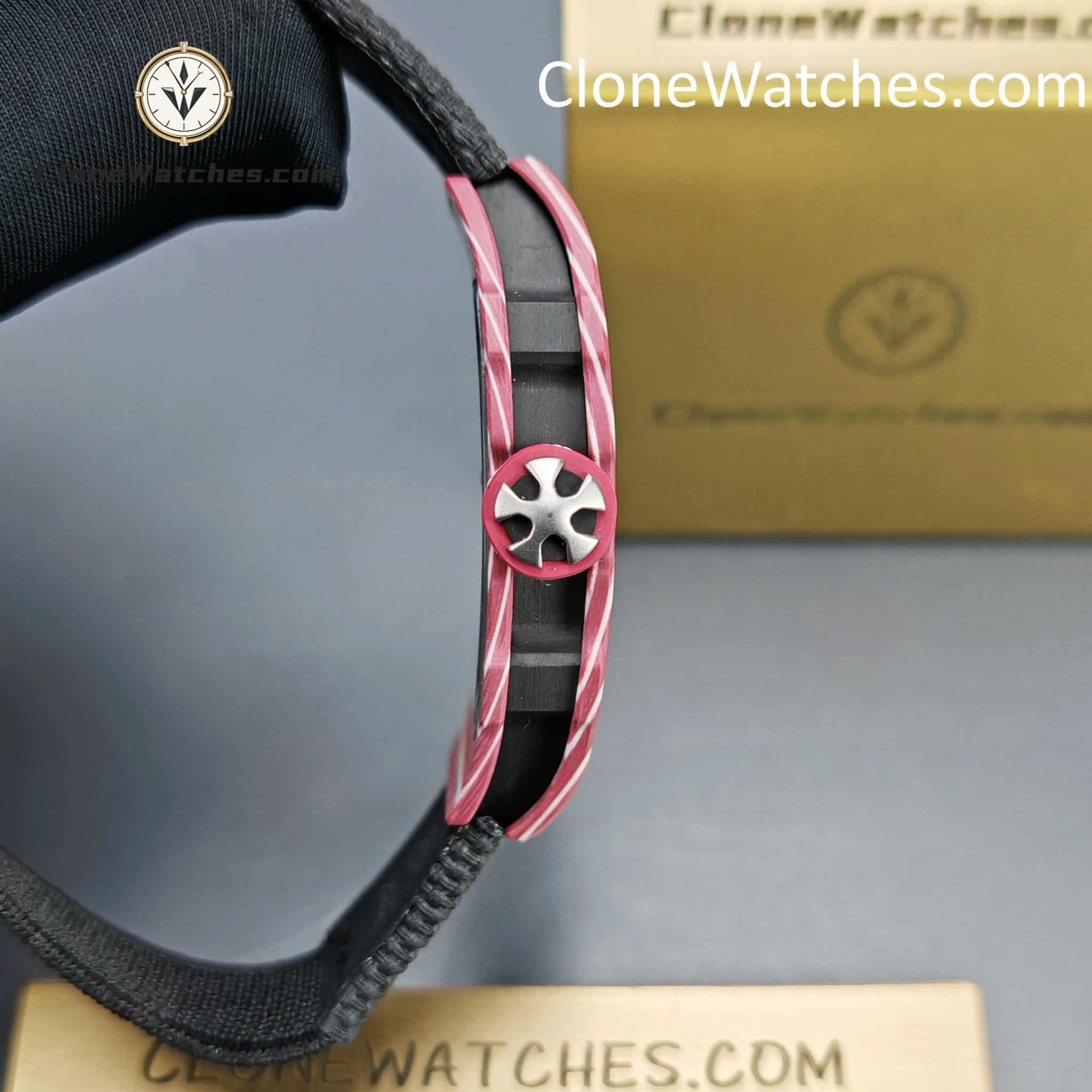 Richard Mille Super Clone Watches 1:1 RM 67 – 02 Red Carbon Tourbillon White Strap