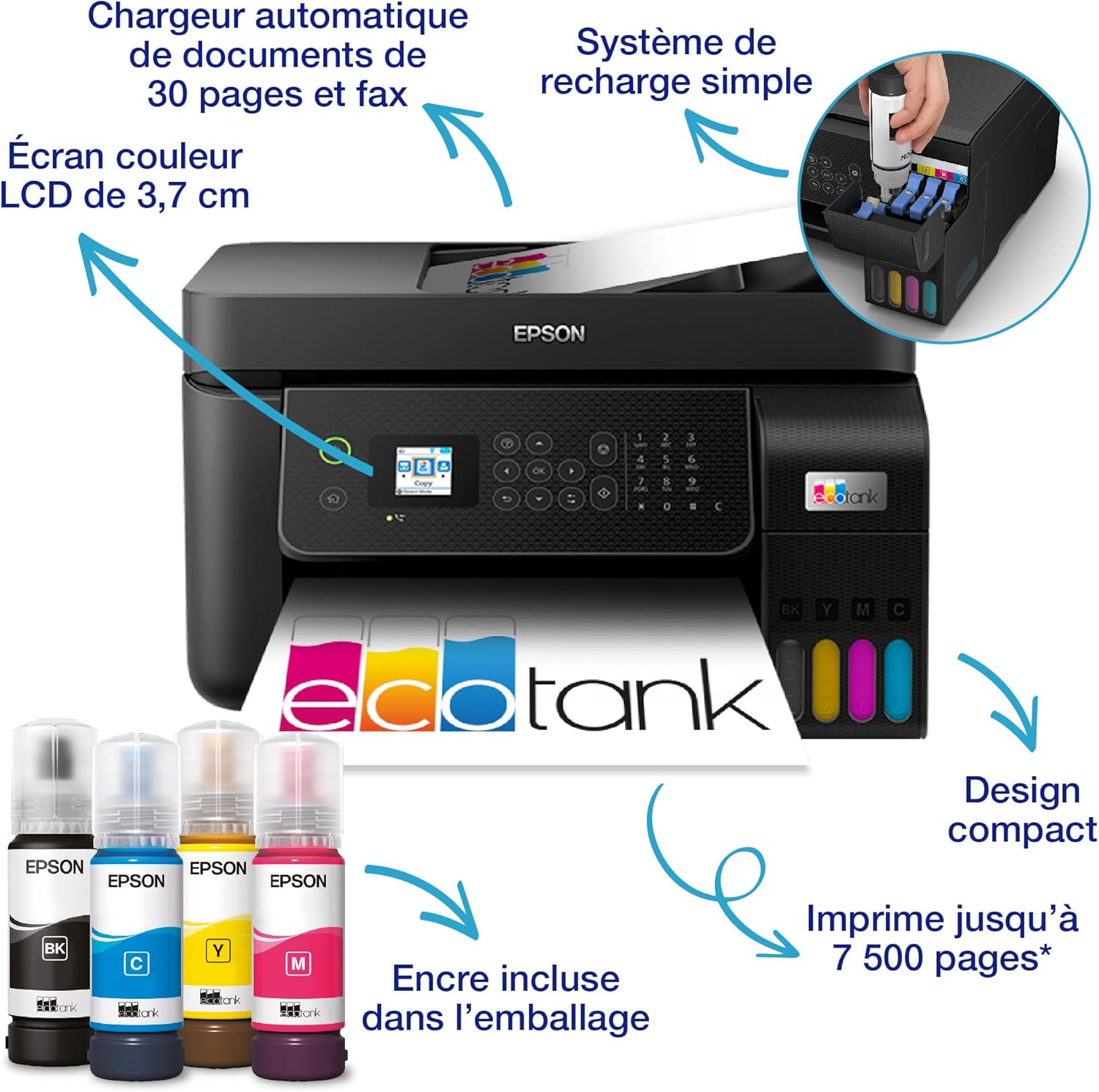 Imprimante multifonction A4 WiFi EcoTank ET-4800 réservoirs encre autonomie 3 ans