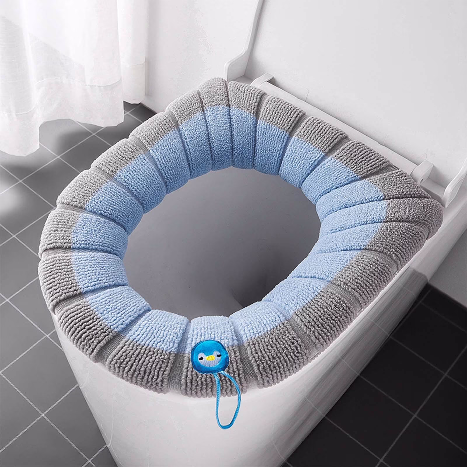 Thickened Toilet Seat Cover with Handle - Soft Knitted Toilet Ring - Washable Winter Toilet Seat Sets - Elongated Toilet Seat Pad - U-Shape & Round Fit - 2 Pack Two-Tone