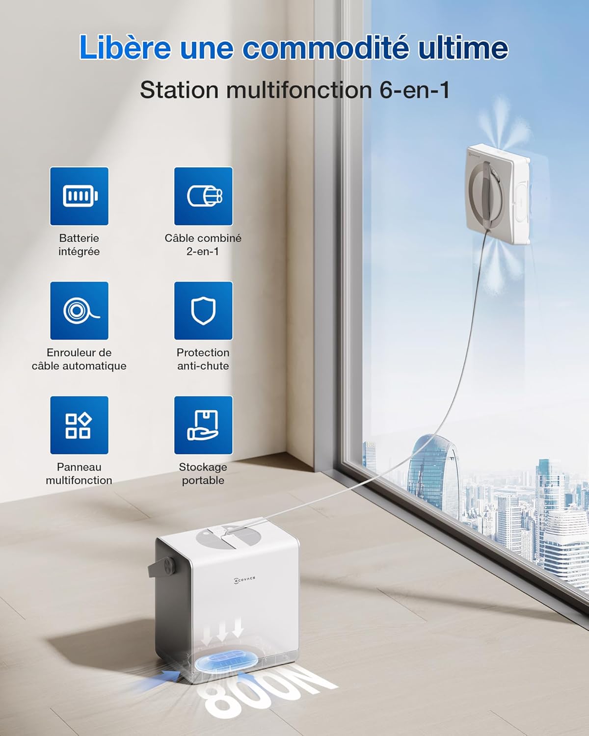Robot nettoyeur vitres WINBOT W2 Pro Omni station multifonction recharge fonctionnement buse triple protection 12 niveaux