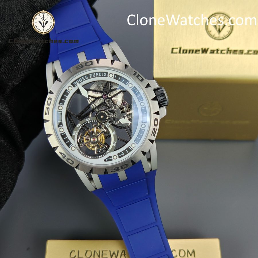 Roger Dubuis Super Clone Watches 1:1 Excalibur Skeleton Tourbillon RDDBEX0479 45MM Blue Strap