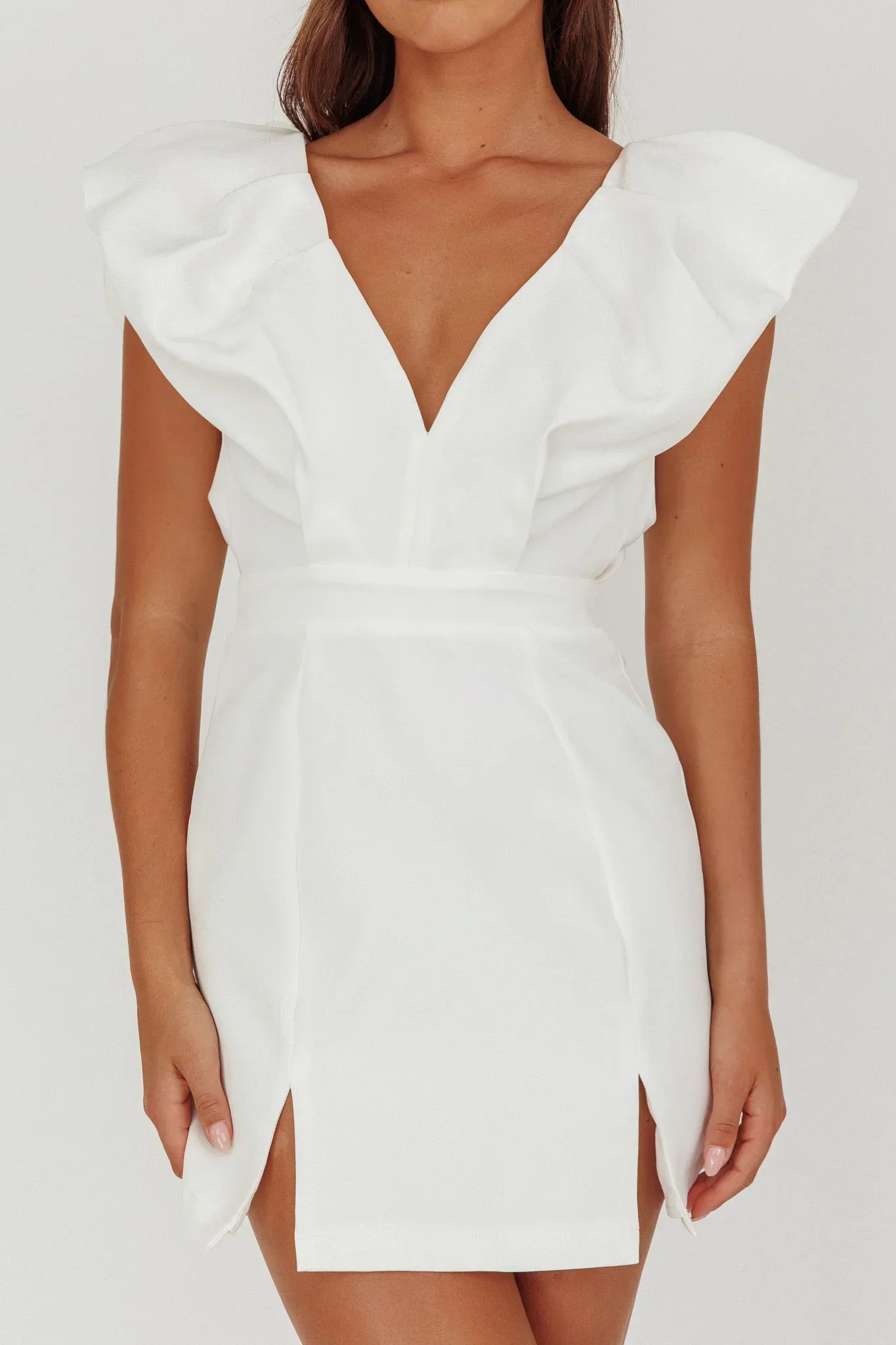 Liardon Bubble Sleeve V-Neckline Mini Dress White
