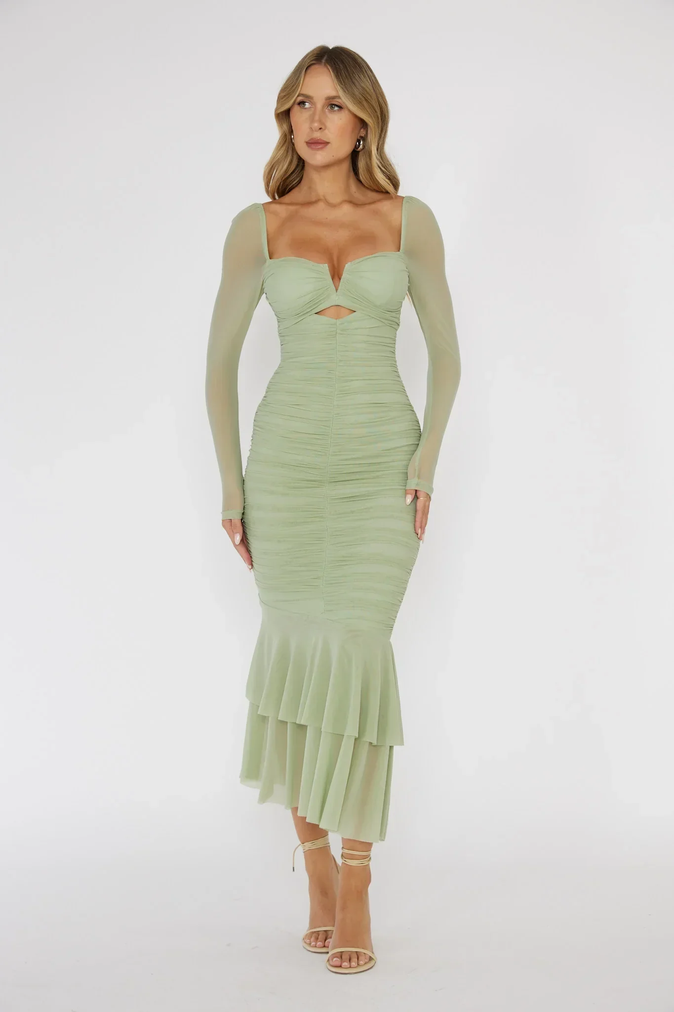 Nadia Long Sleeve Fishtail Midi Dress Mint