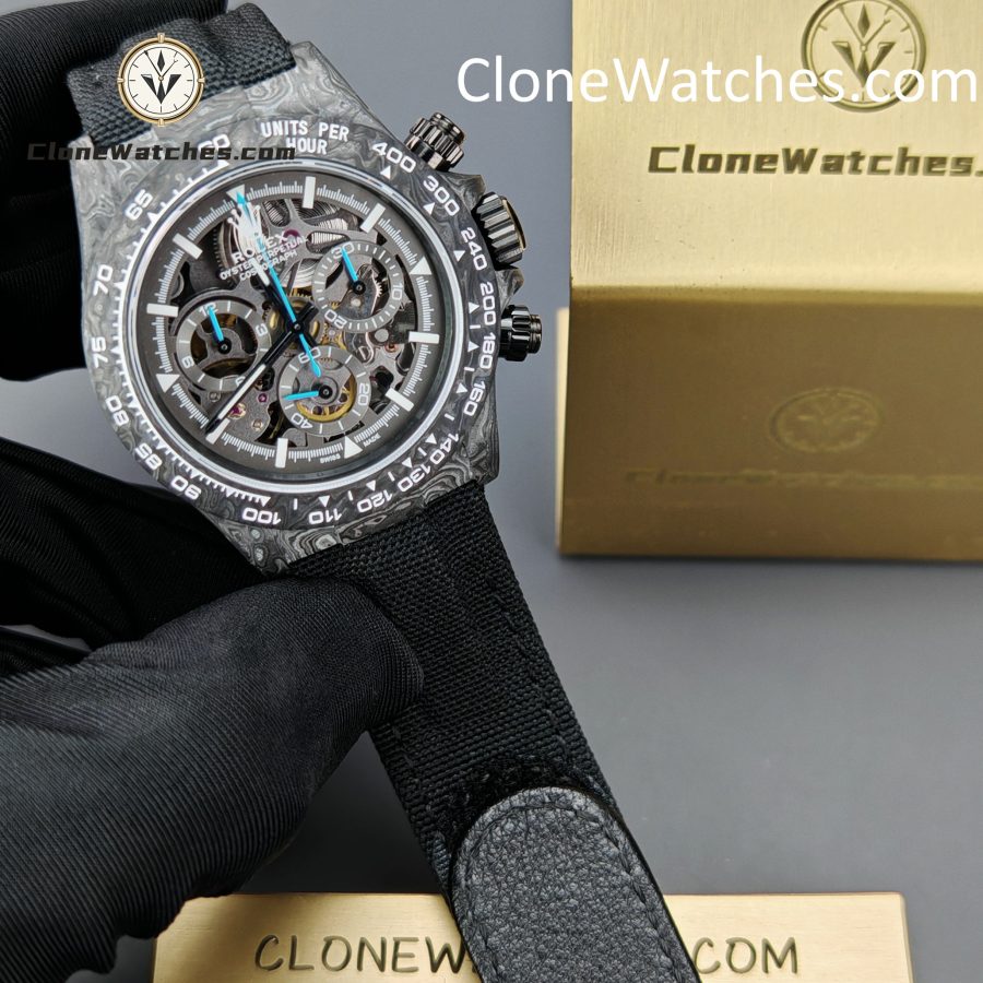 Rolex Super Clone Watches 1:1 Skeleton Daytona Carbon NTPT DIW 4130 Movement