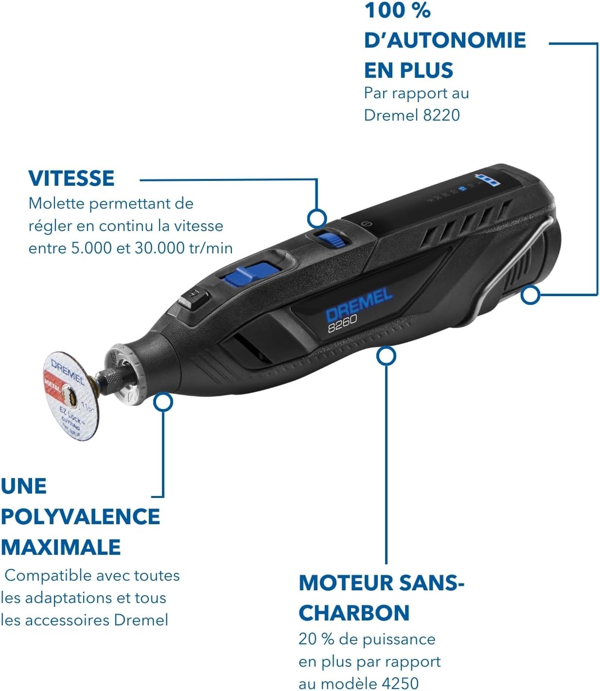 Outil rotatif sans fil 8260 batterie 12V 3Ah 65 accessoires moteur sans charbon vitesse 5000 à 30000 tr/min