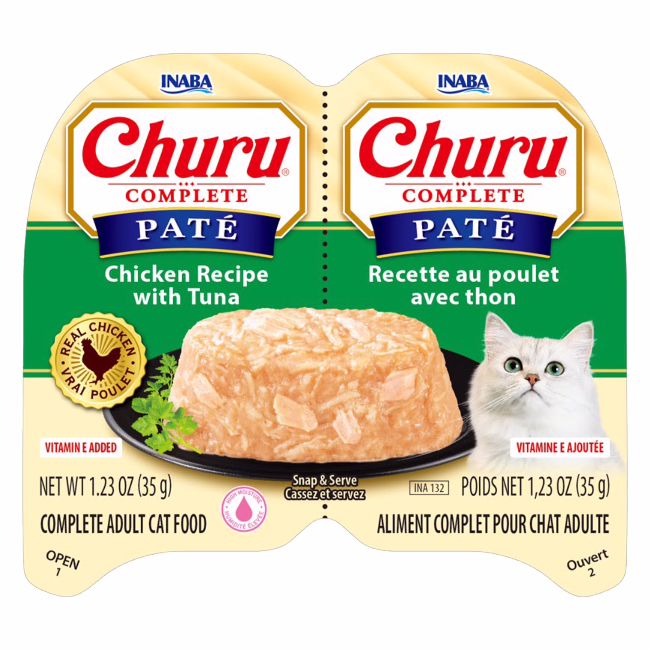 INABA Churu Complete Pate Wet Cat Food with Fish Oil, 1.23oz. per Serving, 2 Servings, Chicken Recipe with Tuna