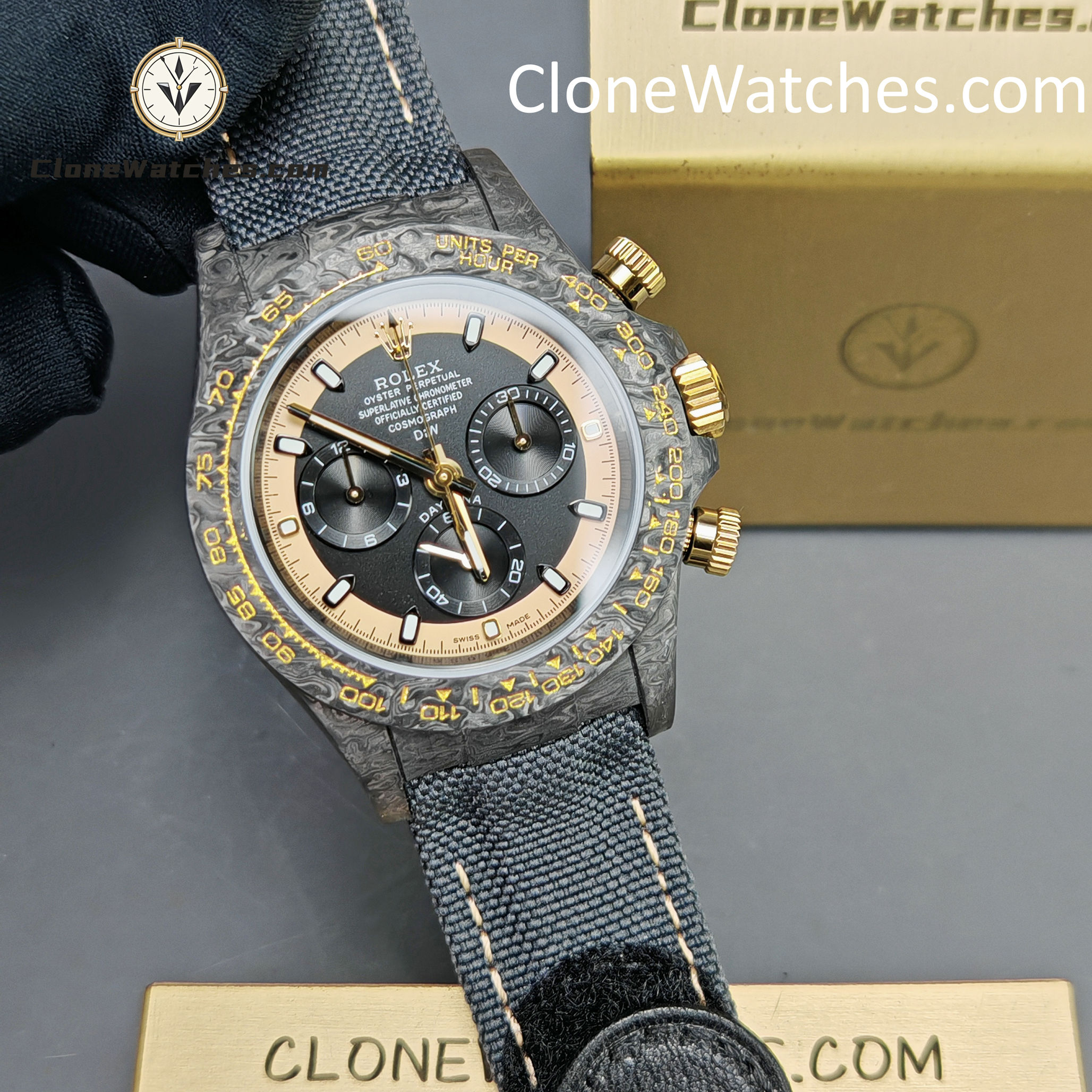 Modified Super Clone Watches 1:1 DiW Rolex Daytona NTPT Carbon “CREAM INVERT GOLD”