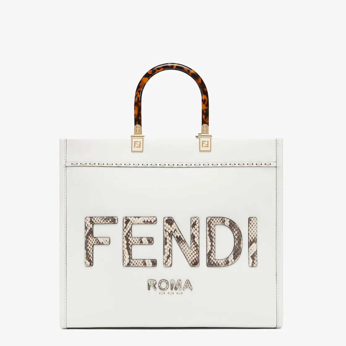 Fendi Medium Sunshine Shopping Tote Bag  Light brown leather and brocade snakeskin handbag-white