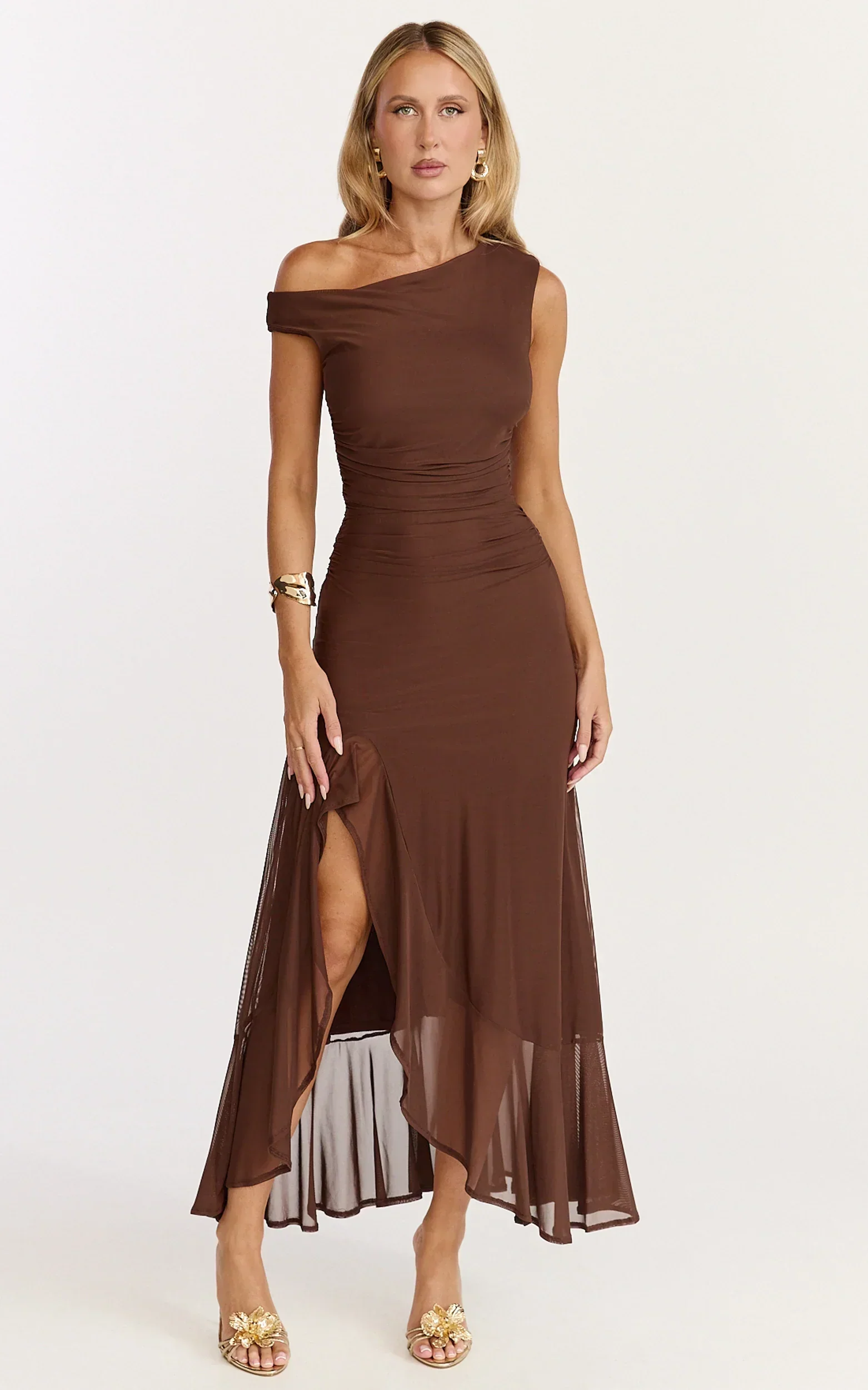 Judee Midi Dress - One Shoulder High Side Split Dress in Chocolate