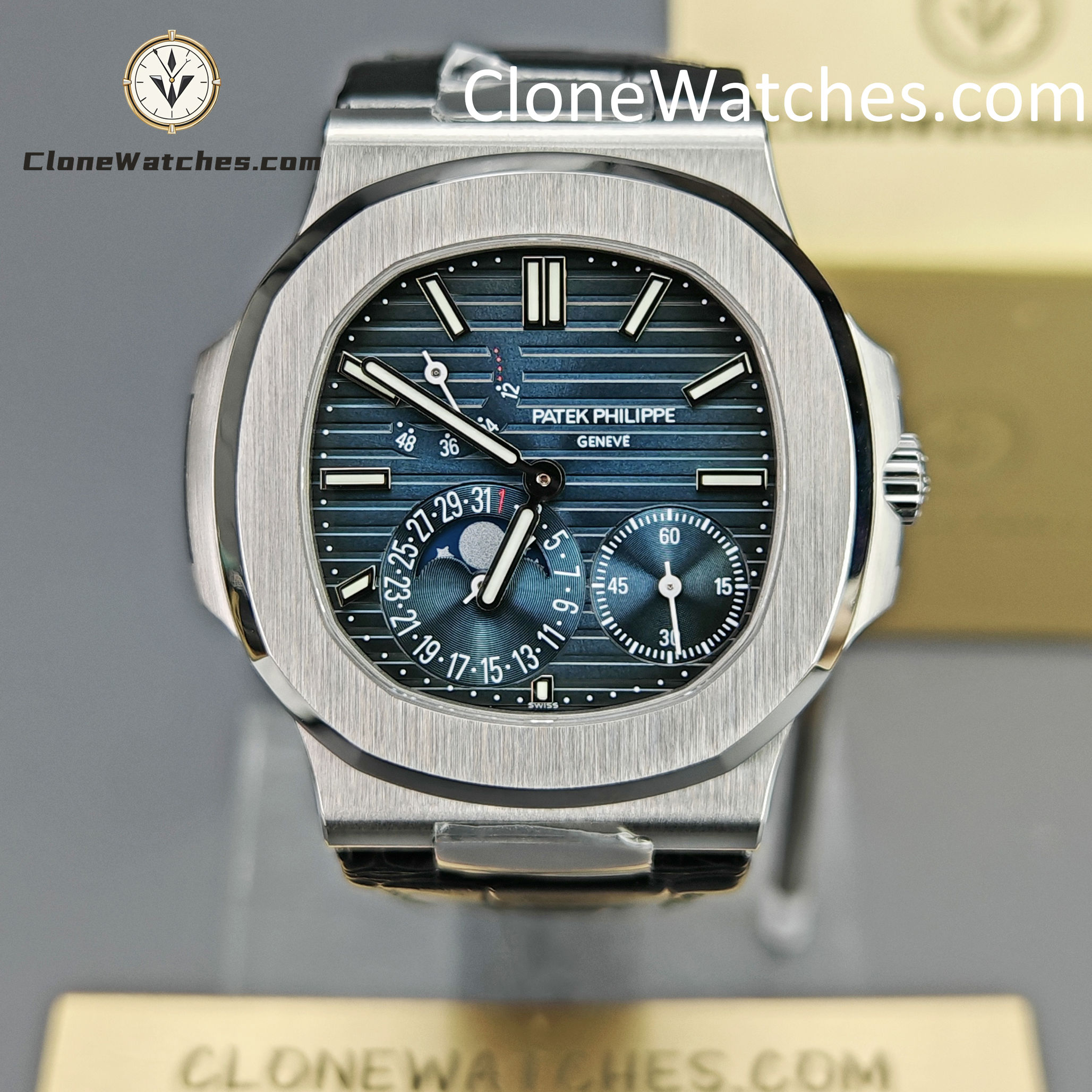Patek Philippe Super Clone Watches 1:1 Nautilus 5712 Blue Dial Black Leather Strap