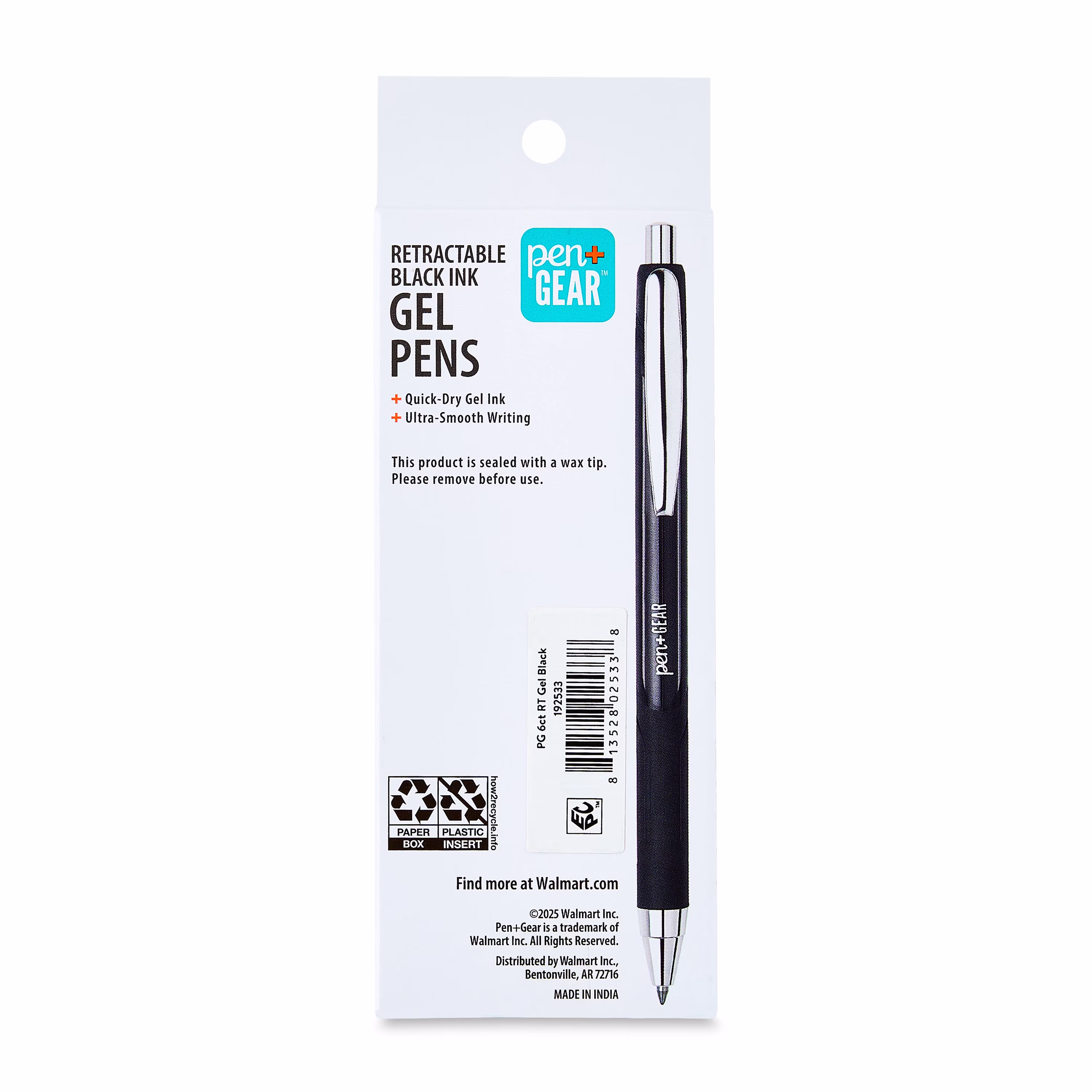 Pen+Gear Retractable Gel Pens, Medium Point, 0.7 mm, Black, 2 Count