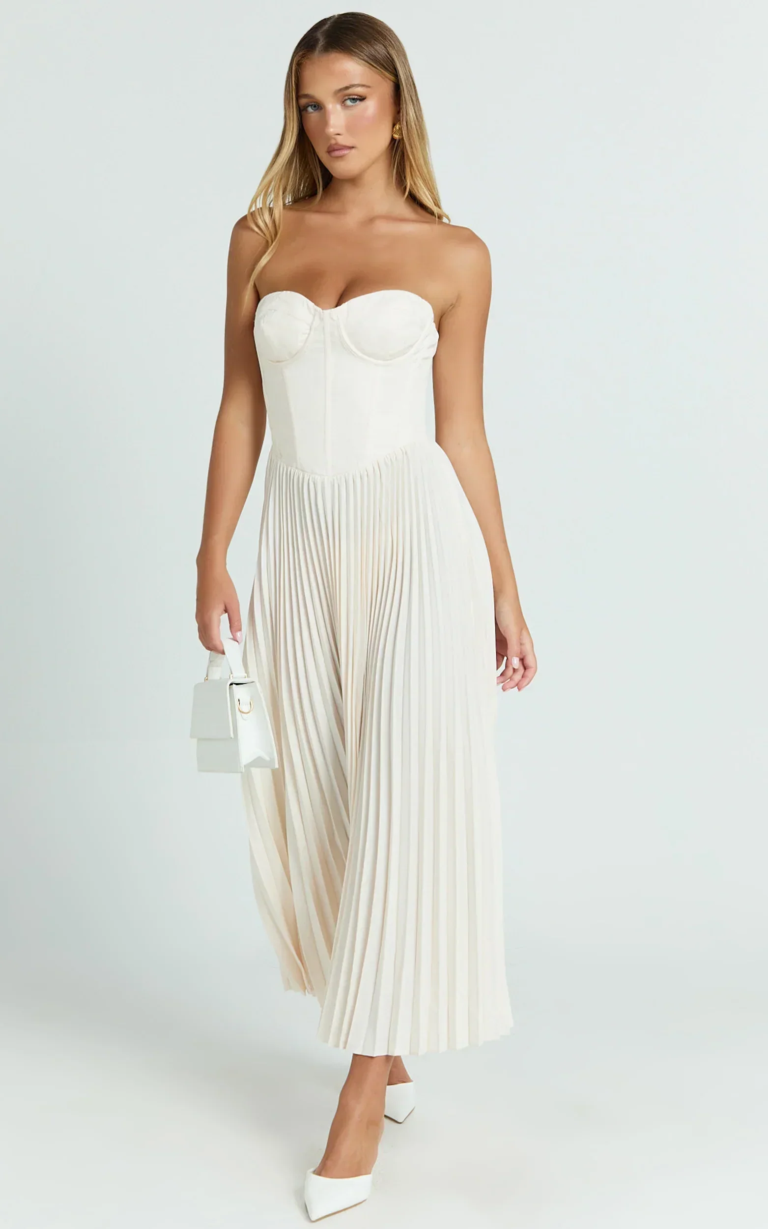 Loretta Midi Dress - Lace Up Back Bustier Pleated Dress in Cream
