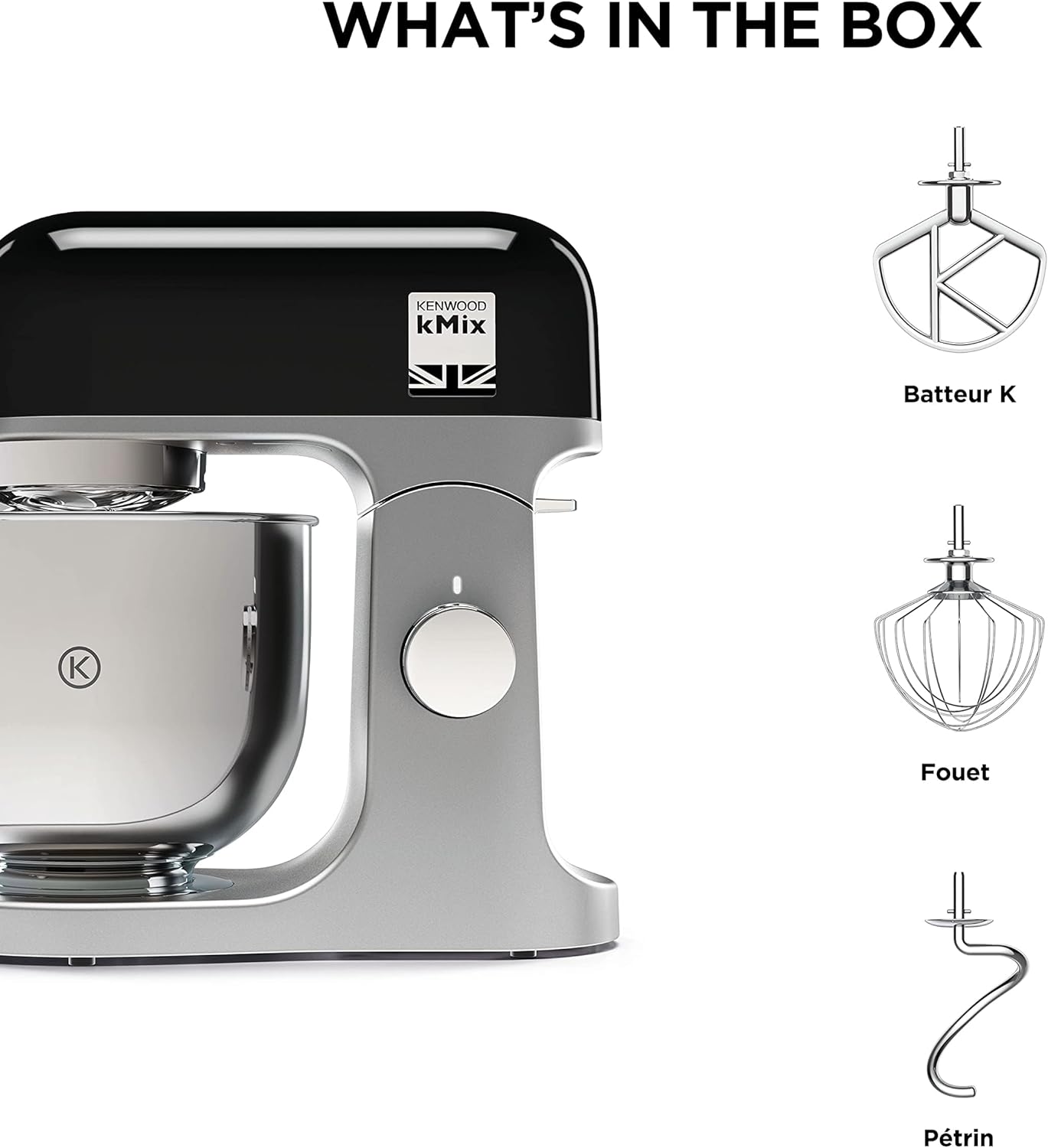Robot pâtissier KMX750BK bol inox 5 L sécurité boîtier métal kit pâtisserie 3 pièces protection anti éclaboussures 1000W noir