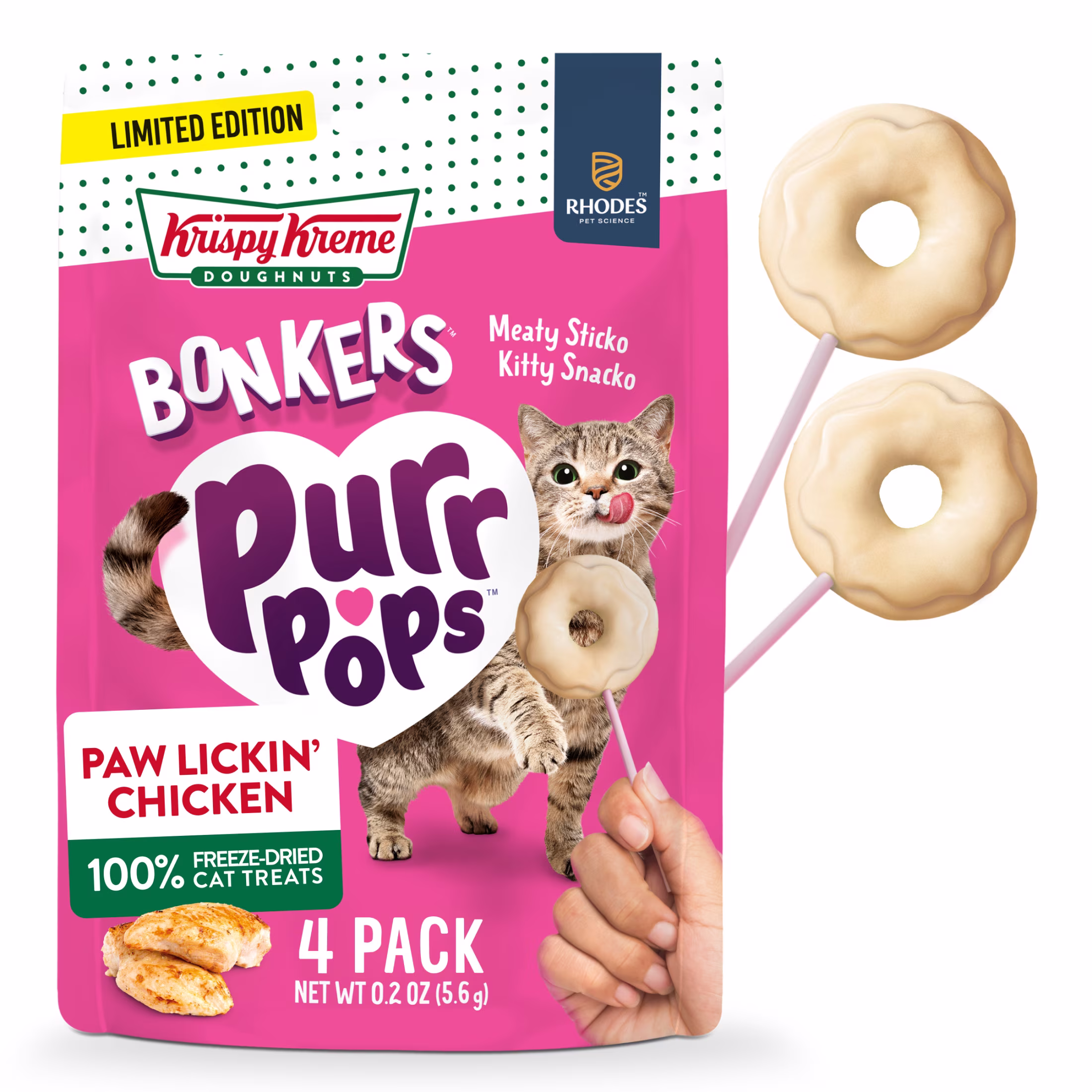 BONKERS Purrpops Krispy Kreme Limited-Edition Freeze-Dried Chicken Flavored Lollipop Cat Treats, 4 Pack