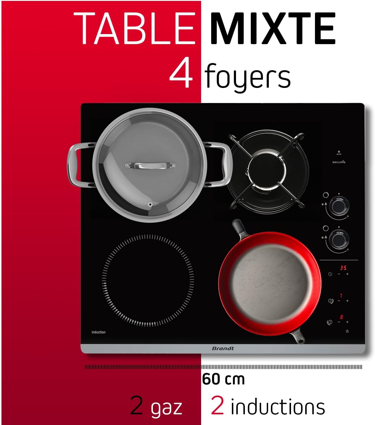 Plaque de cuisson induction et gaz 4 foyers 3400W 4600W encastrement 56x49 cm