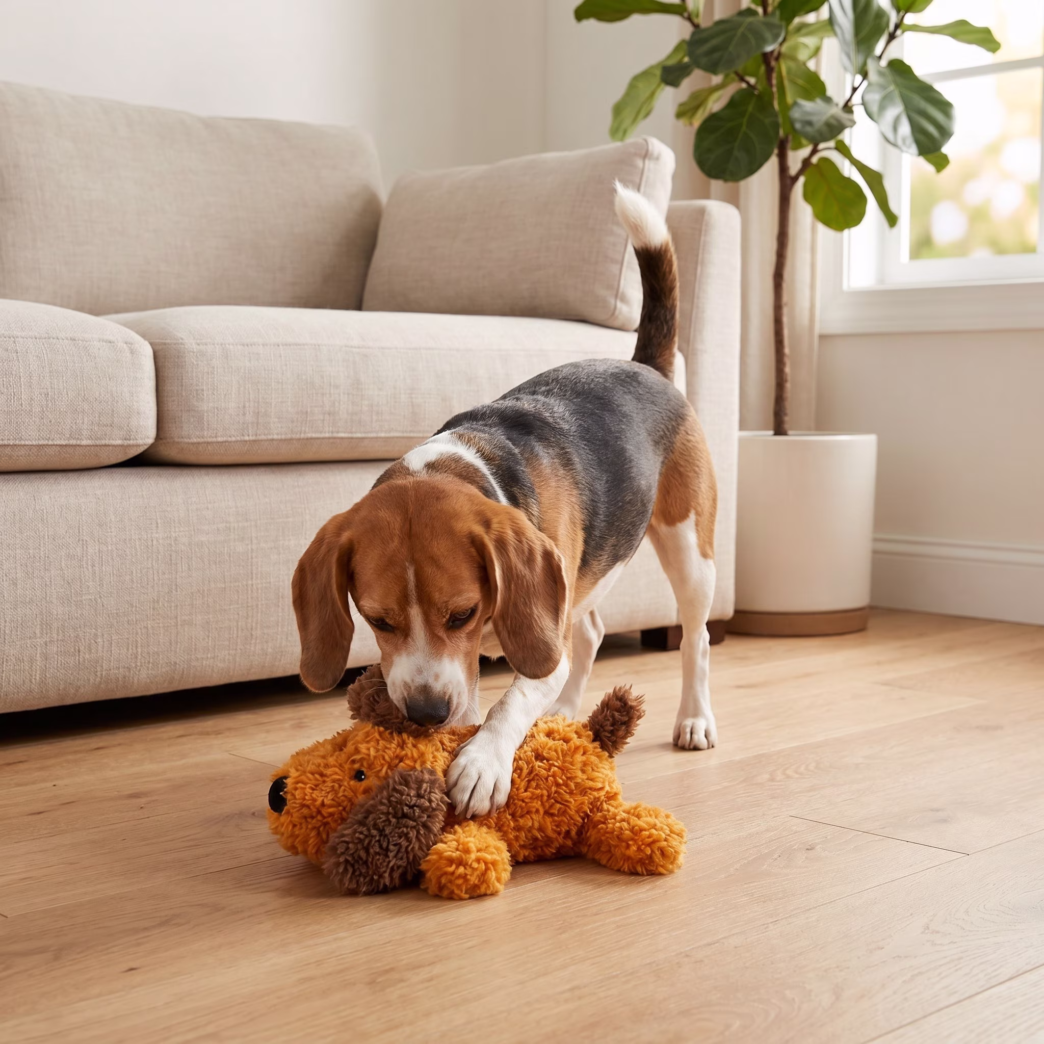 (4 pack) Vibrant Life Brown Floppy Plush Dog Toy with Squeaker, Chew Level 1