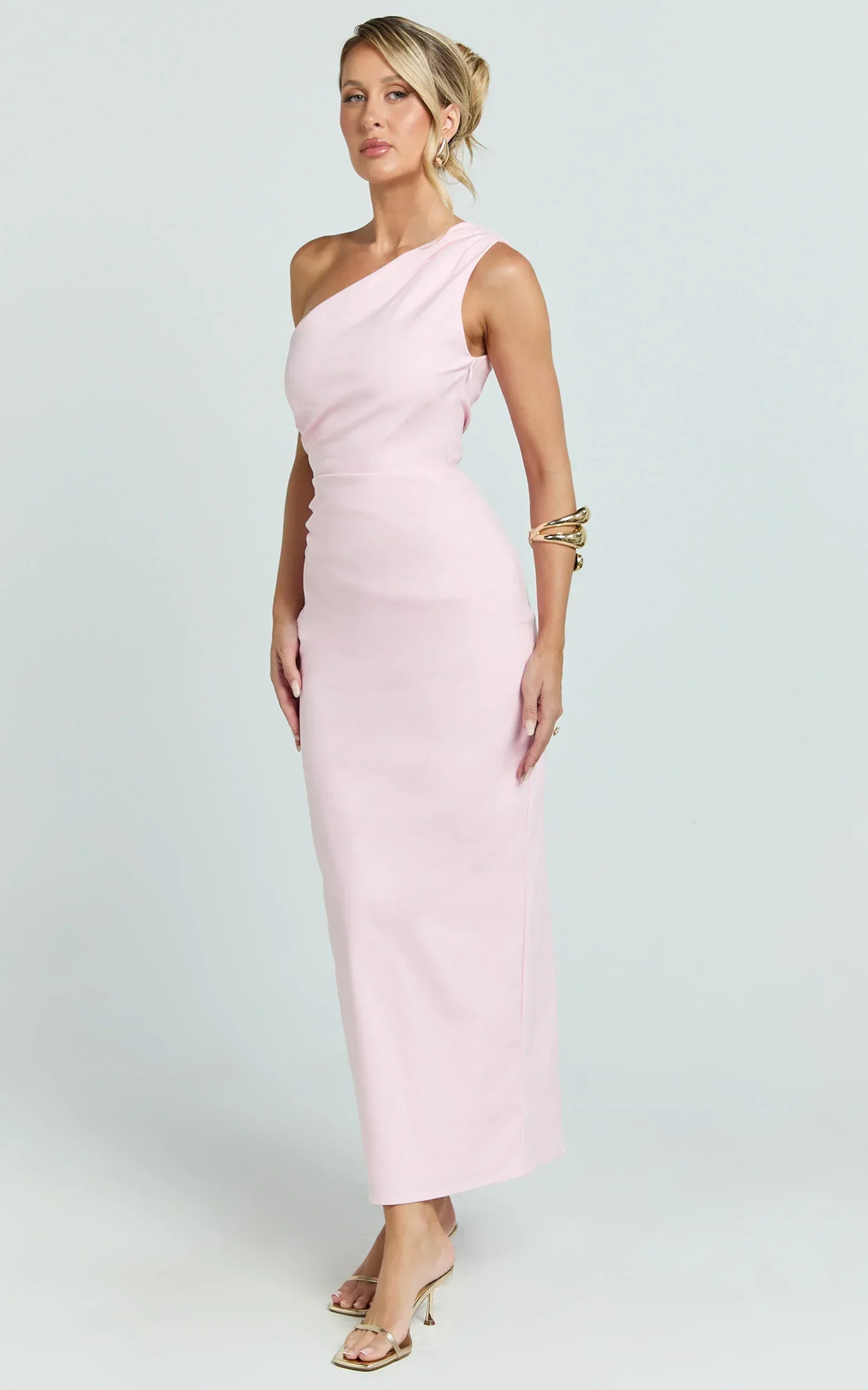 Karlie Midi Dress - One Shoulder Fitted Dress in Pink