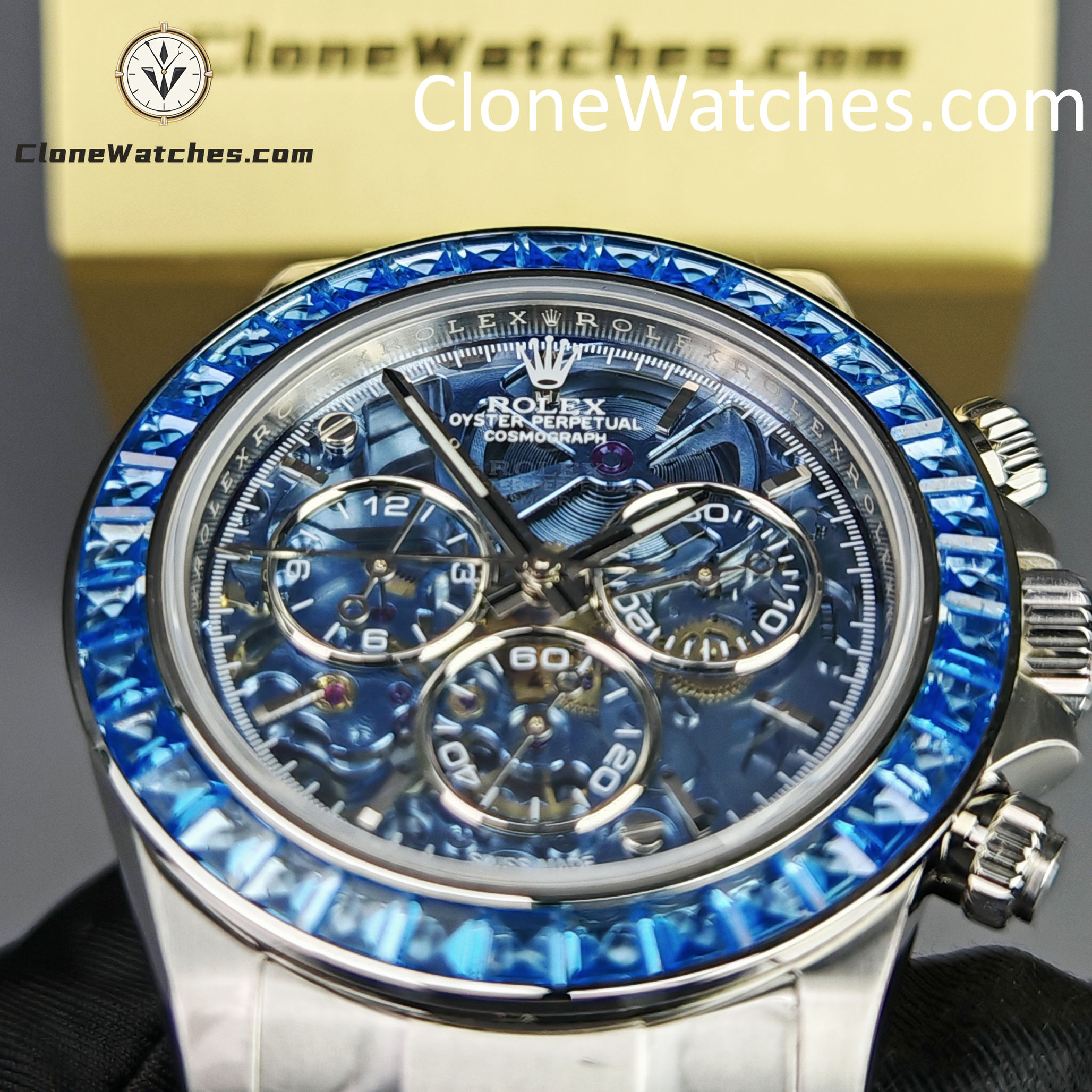 Rolex Super Clone Watches 1:1 Daytona Arolla Blue Crystal Skeleton Dial Diamonds Bezel 4130 Movement