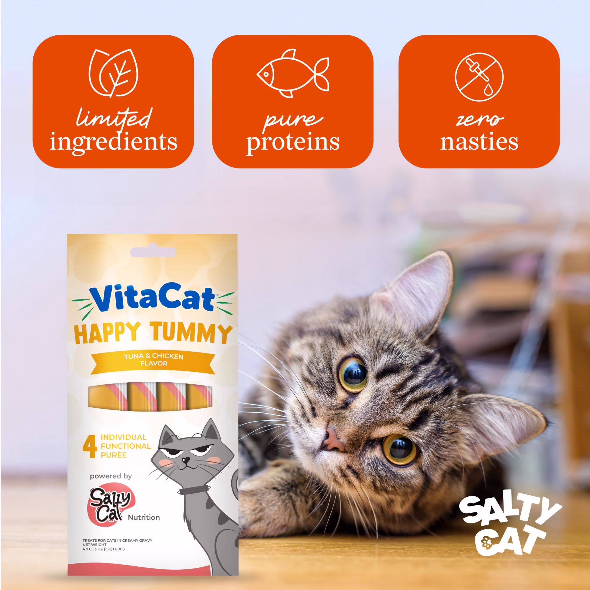 Salty Cat by VitaCat Happy Tummy Tuna & Chicken Soft Treats for Cats, 60g Pouch (4 Pack)