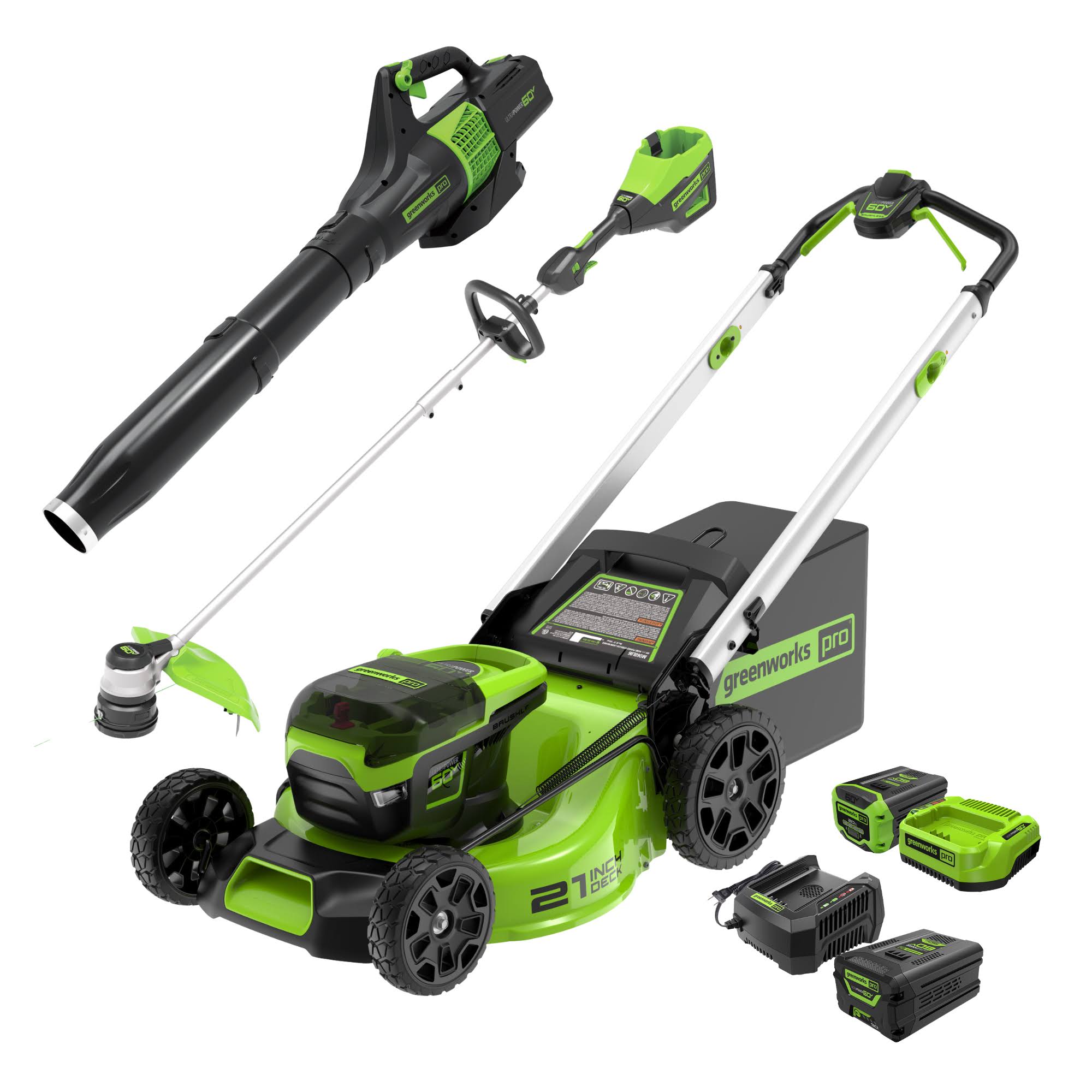 60V Cordless Battery 21" MowerS? 16" String Trimmer 450 CFM Blower Co ,